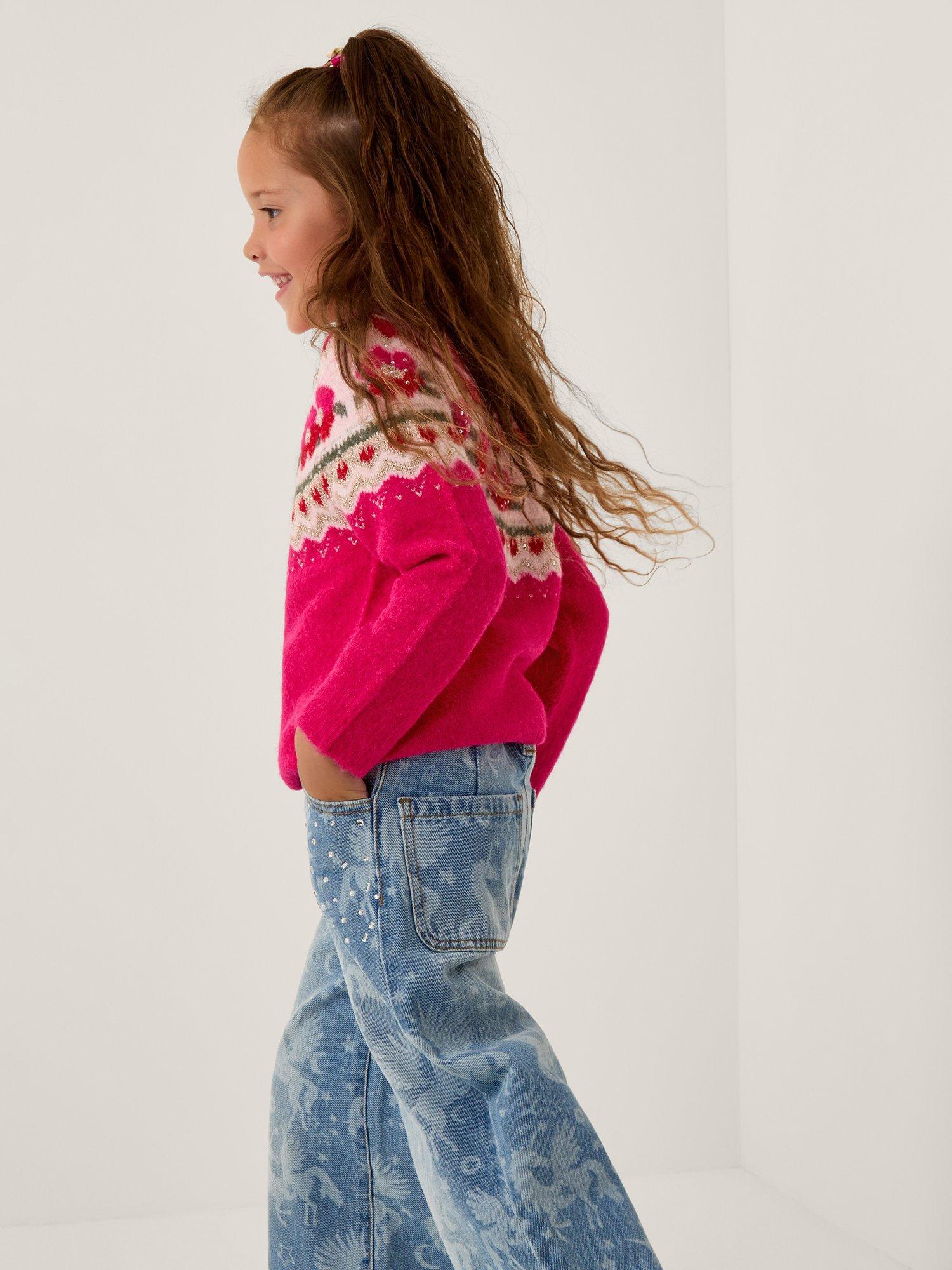 Product image 1 of 4, which shows Monsoon Kids' Wool Blend Fair Isle Jumper, Pink, 3-4 years