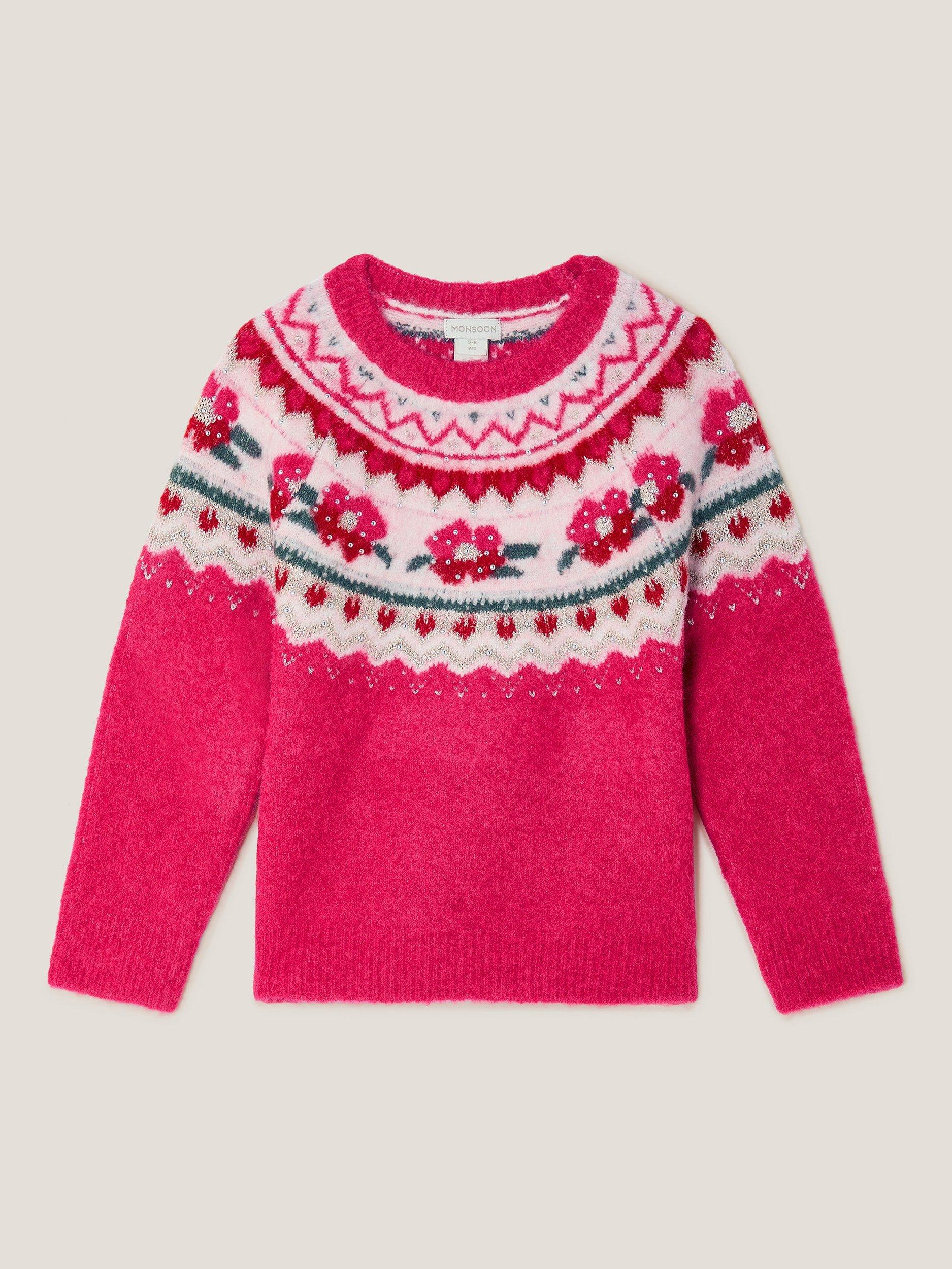Product image 2 of 4, which shows Monsoon Kids' Wool Blend Fair Isle Jumper, Pink, 3-4 years