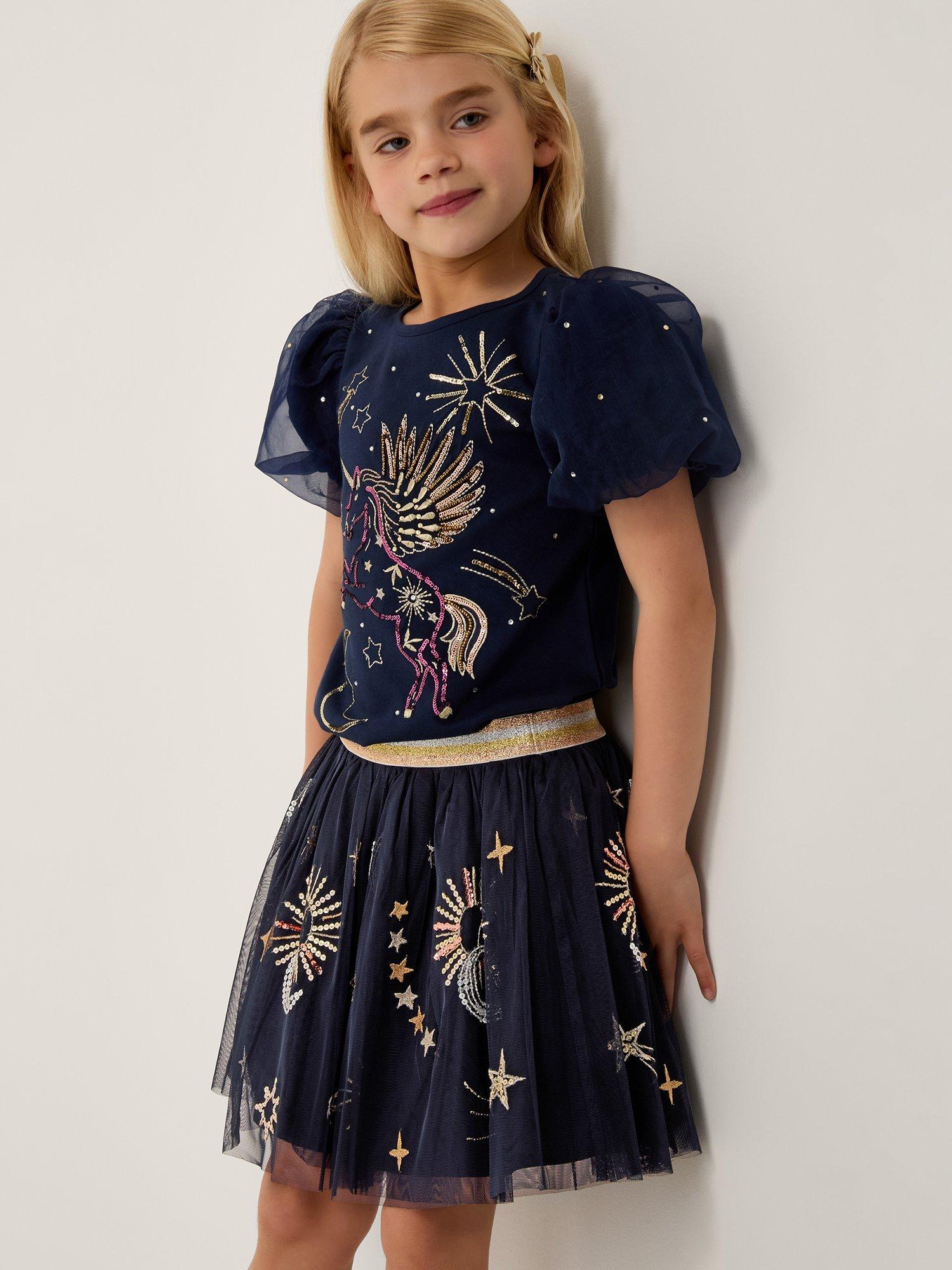 Product image 1 of 4, which shows Monsoon Kids' Mesh Cosmic Tutu Skirt, Navy, 3-4 years