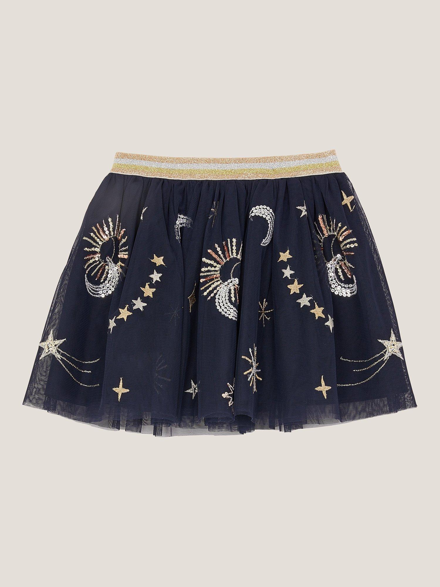 Product image 2 of 4, which shows Monsoon Kids' Mesh Cosmic Tutu Skirt, Navy, 3-4 years