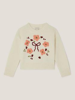 Monsoon Kids' Wool Blend Floral Embroidered Jumper, Ivory - view 2, Ivory