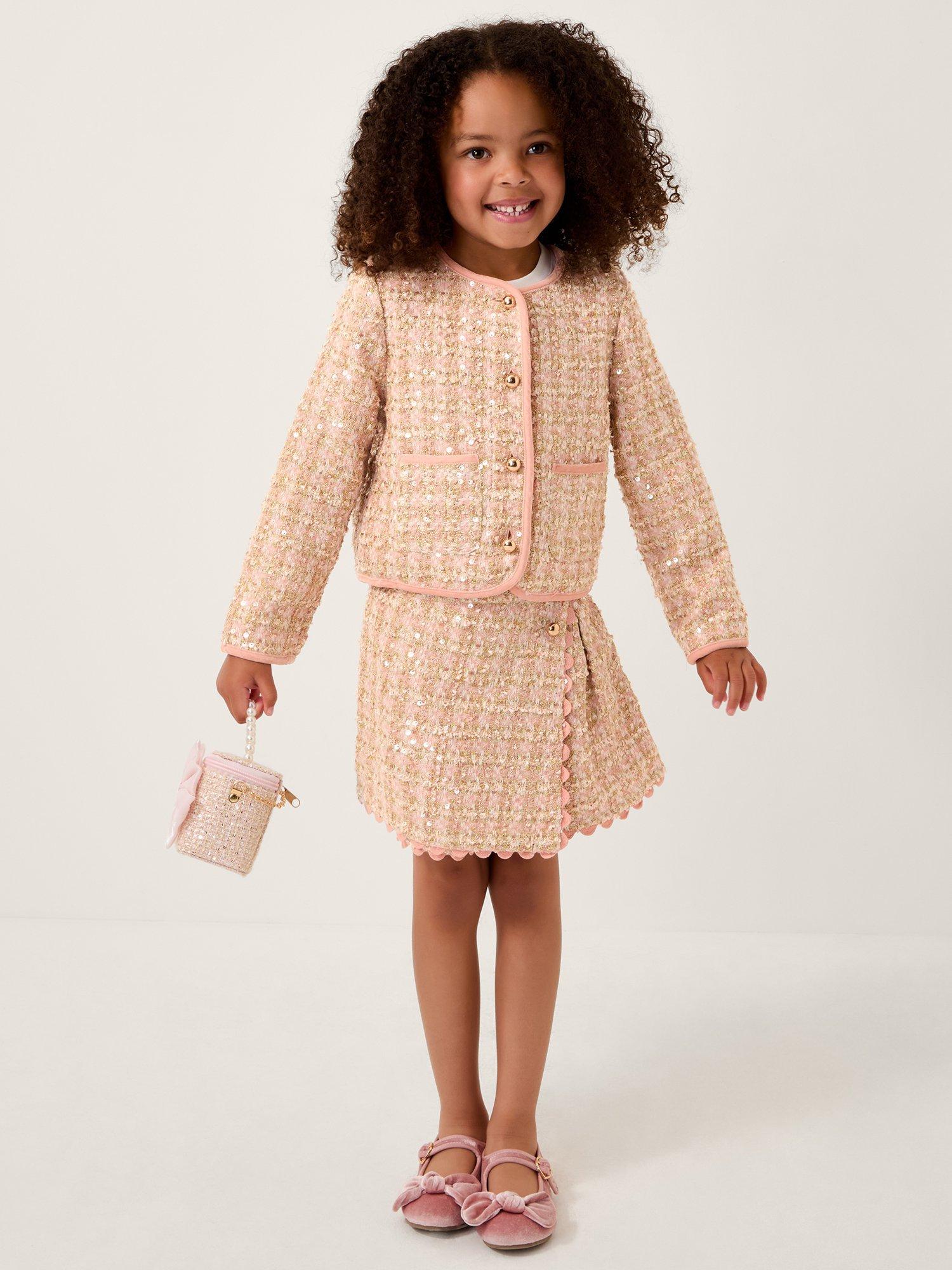 Product image 1 of 4, which shows Monsoon Kids' Sequin Tweed Skort, Pink, 3-4 years