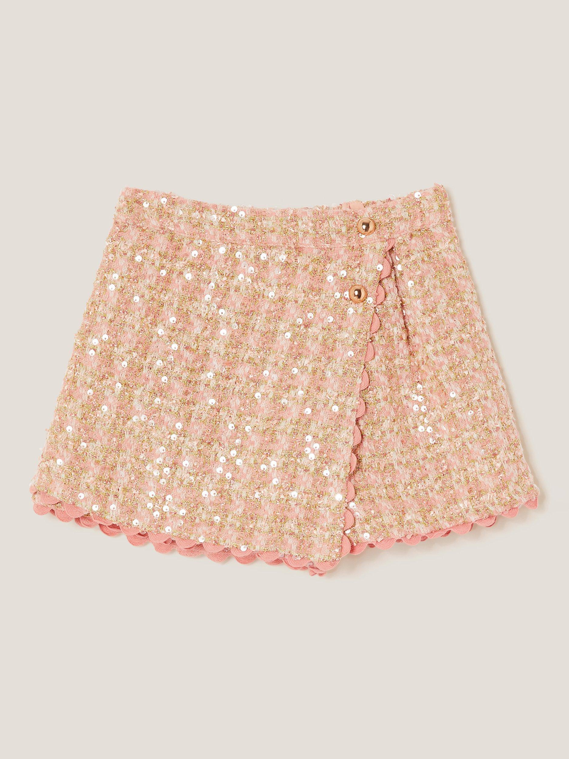 Product image 2 of 4, which shows Monsoon Kids' Sequin Tweed Skort, Pink, 3-4 years