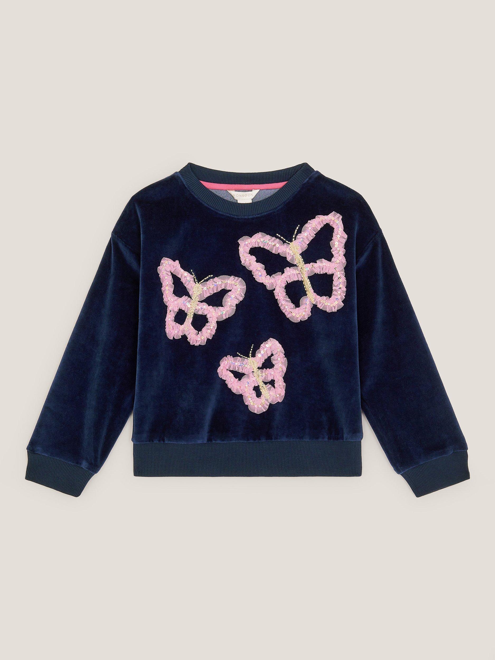 Product image 1 of 3, which shows Monsoon Kids' Long Sleeved Butterfly Top, Navy, 3-4 years