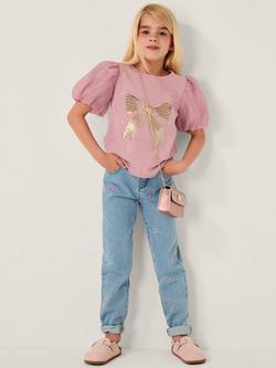 Monsoon Kids' Sequin Bow Puff Sleeve T-Shirt, Purple, Purple