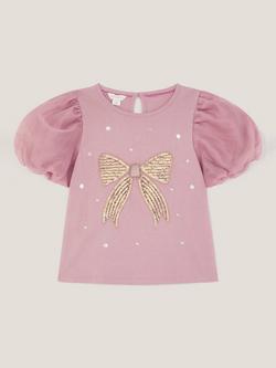 Monsoon Kids' Sequin Bow Puff Sleeve T-Shirt, Purple - view 2, Purple