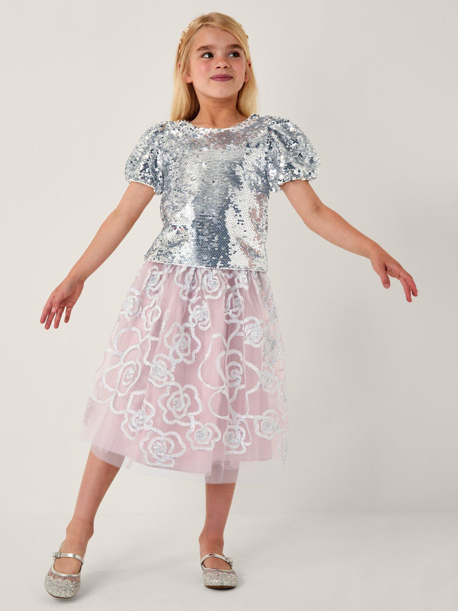 Product image 1 of 4, which shows Monsoon Kids' Sequin Puff Sleeve Top, Silver, 5-6 years