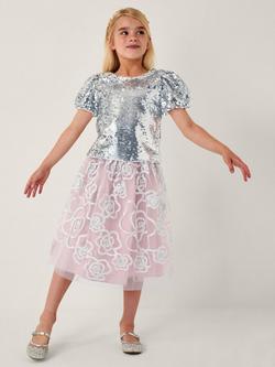 Monsoon Kids' Sequin Puff Sleeve Top, Silver, Silver