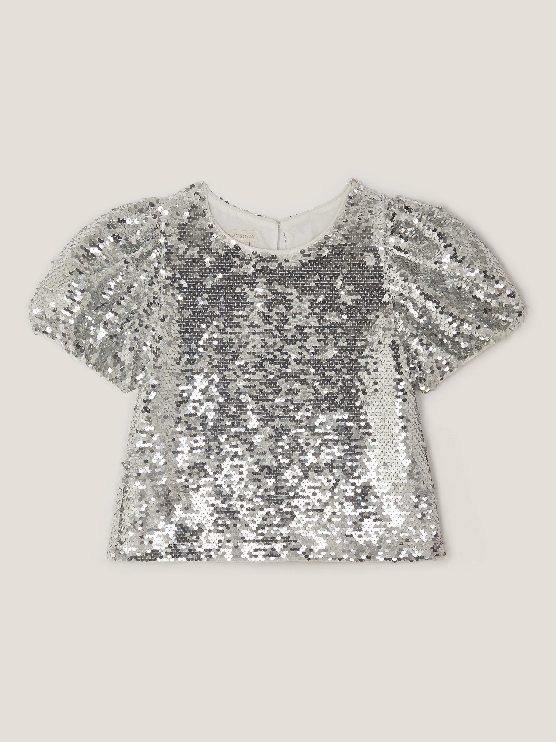 Product image 2 of 4, which shows Monsoon Kids' Sequin Puff Sleeve Top, Silver, 5-6 years