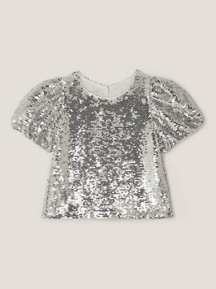 Monsoon Kids' Sequin Puff Sleeve Top, Silver - view 2, Silver