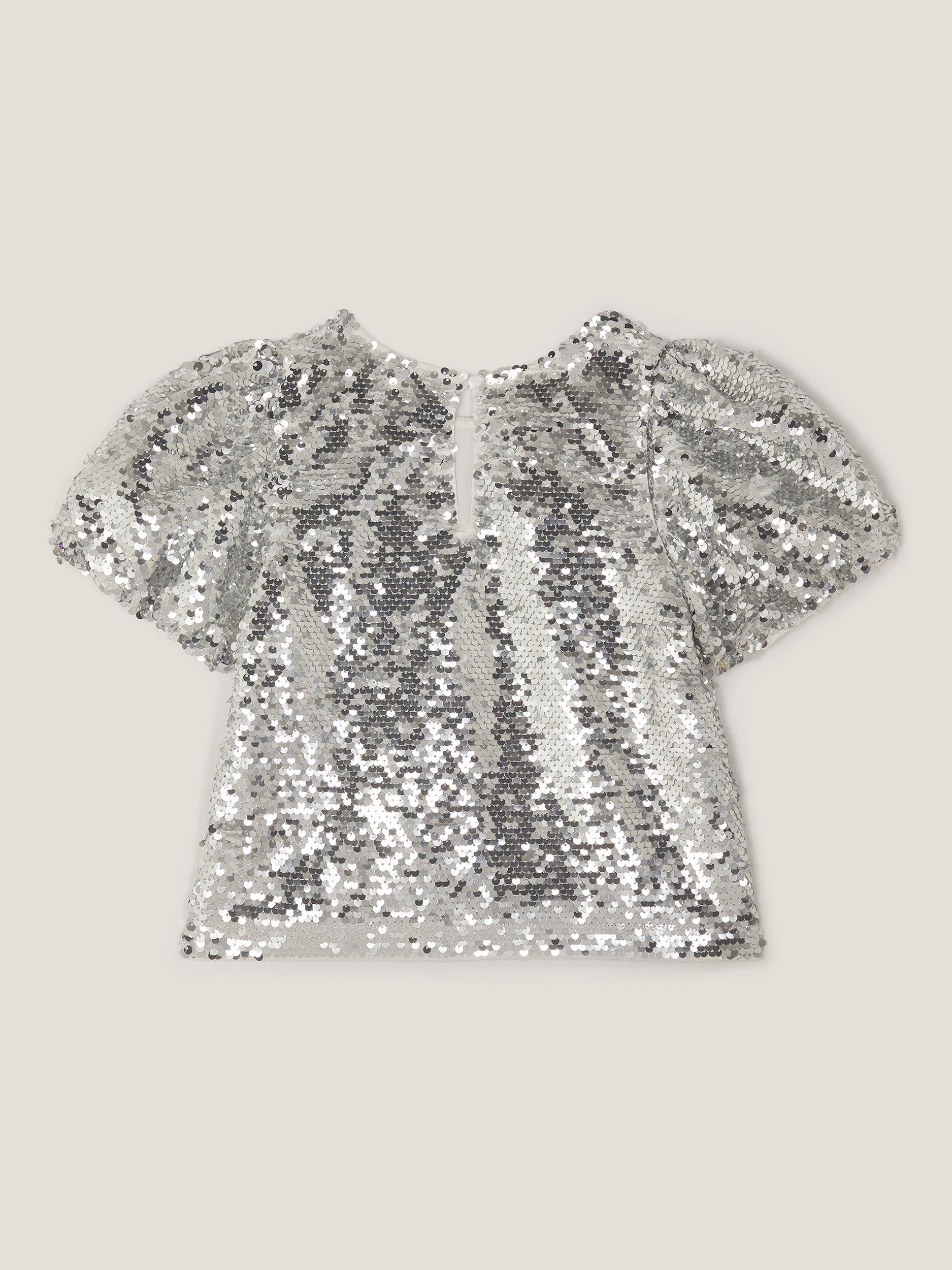 Product image 3 of 4, which shows Monsoon Kids' Sequin Puff Sleeve Top, Silver, 5-6 years