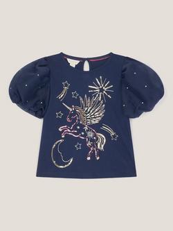 Monsoon Kids' Cotton Unicorn Puff Sleeve T-Shirt, Navy, Navy