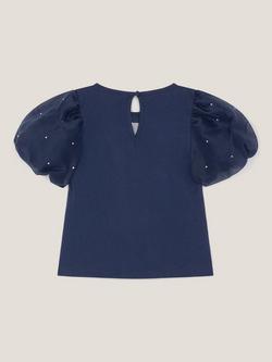 Monsoon Kids' Cotton Unicorn Puff Sleeve T-Shirt, Navy - view 2, Navy