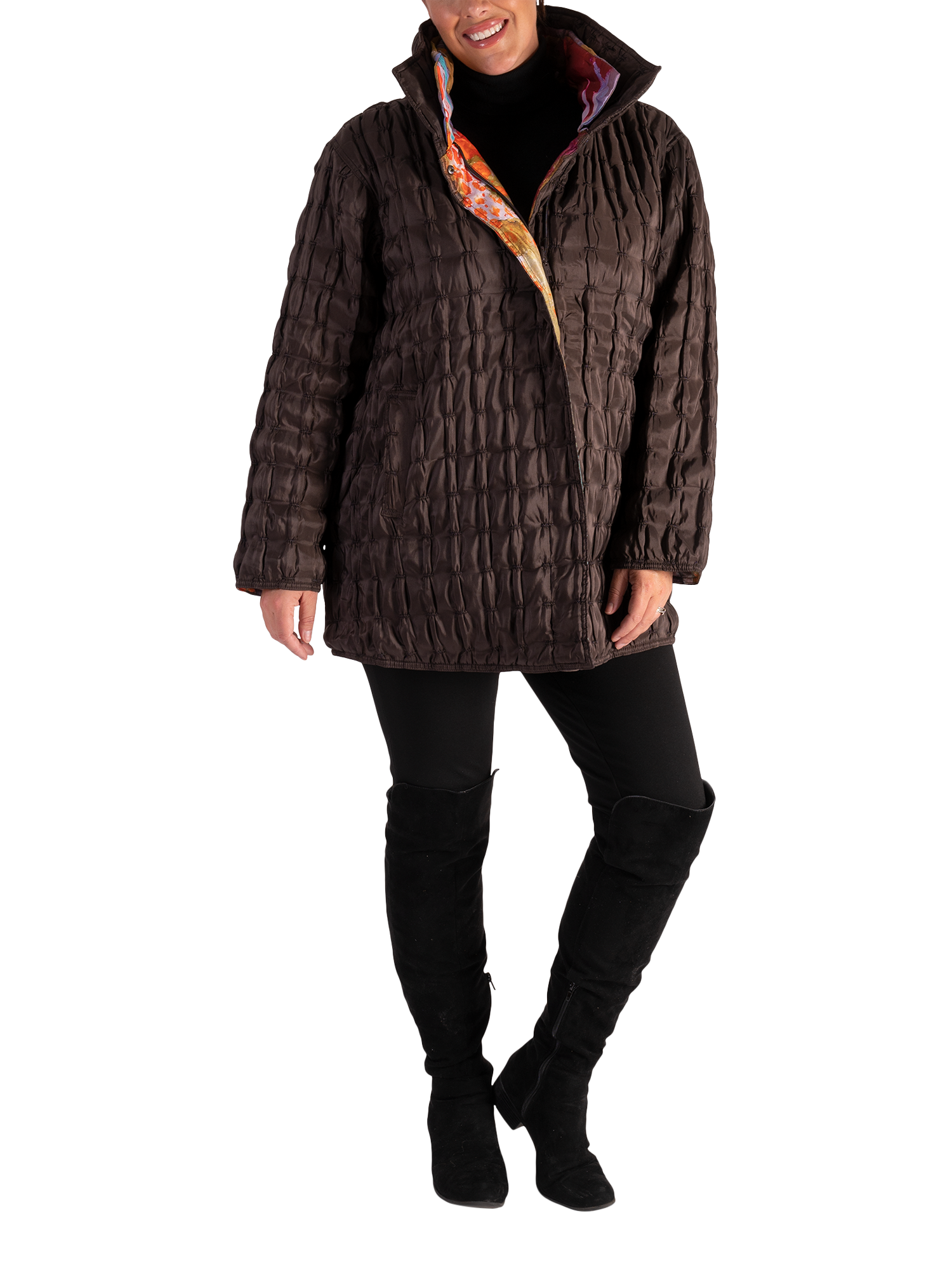 Product image 1 of 6, which shows chesca Long Sleeve Funnel Neck Quilted Reversible Jacket, Chocolate/Multi, 14