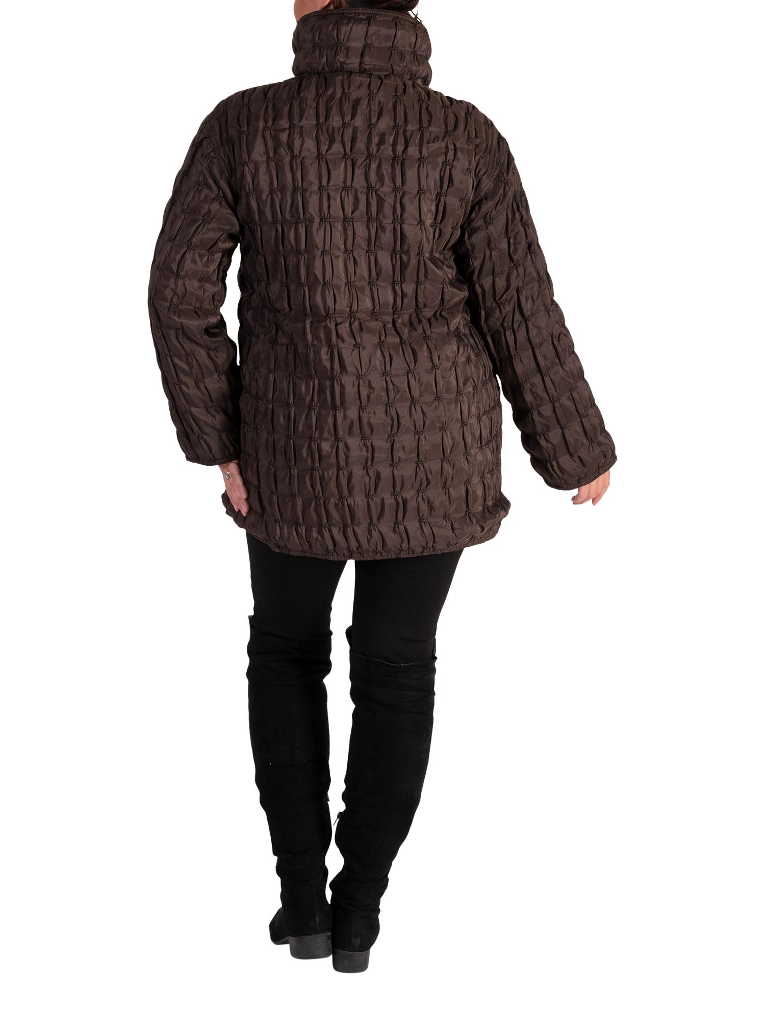 Product image 2 of 6, which shows chesca Long Sleeve Funnel Neck Quilted Reversible Jacket, Chocolate/Multi, 14