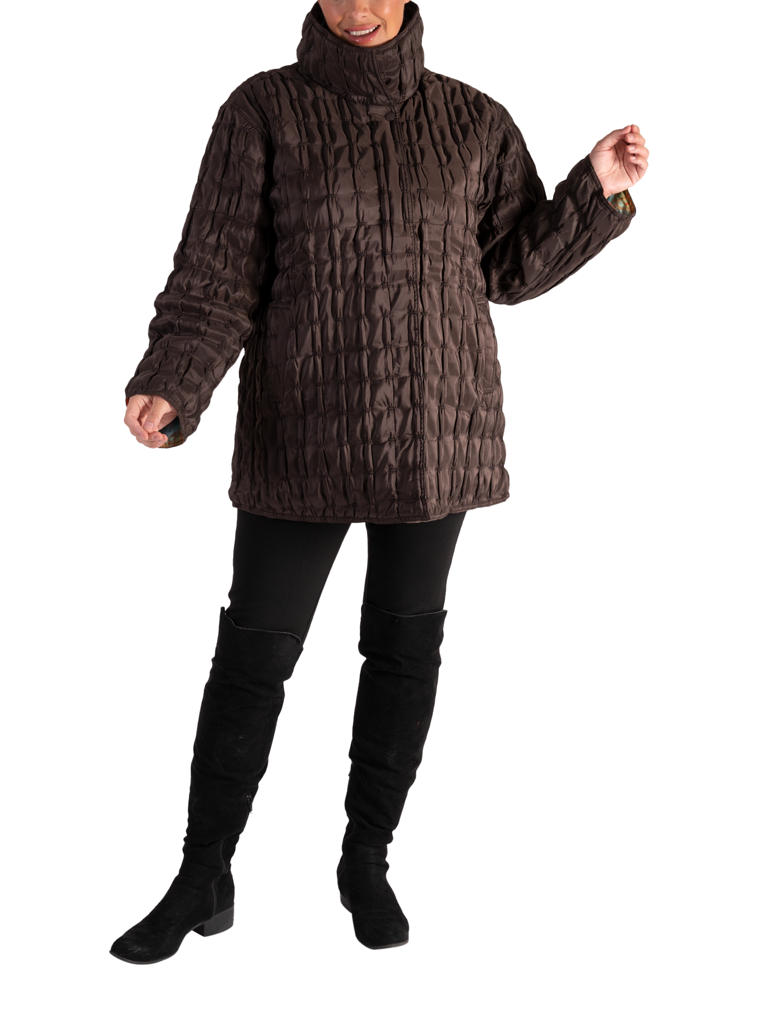 Product image 3 of 6, which shows chesca Long Sleeve Funnel Neck Quilted Reversible Jacket, Chocolate/Multi, 14