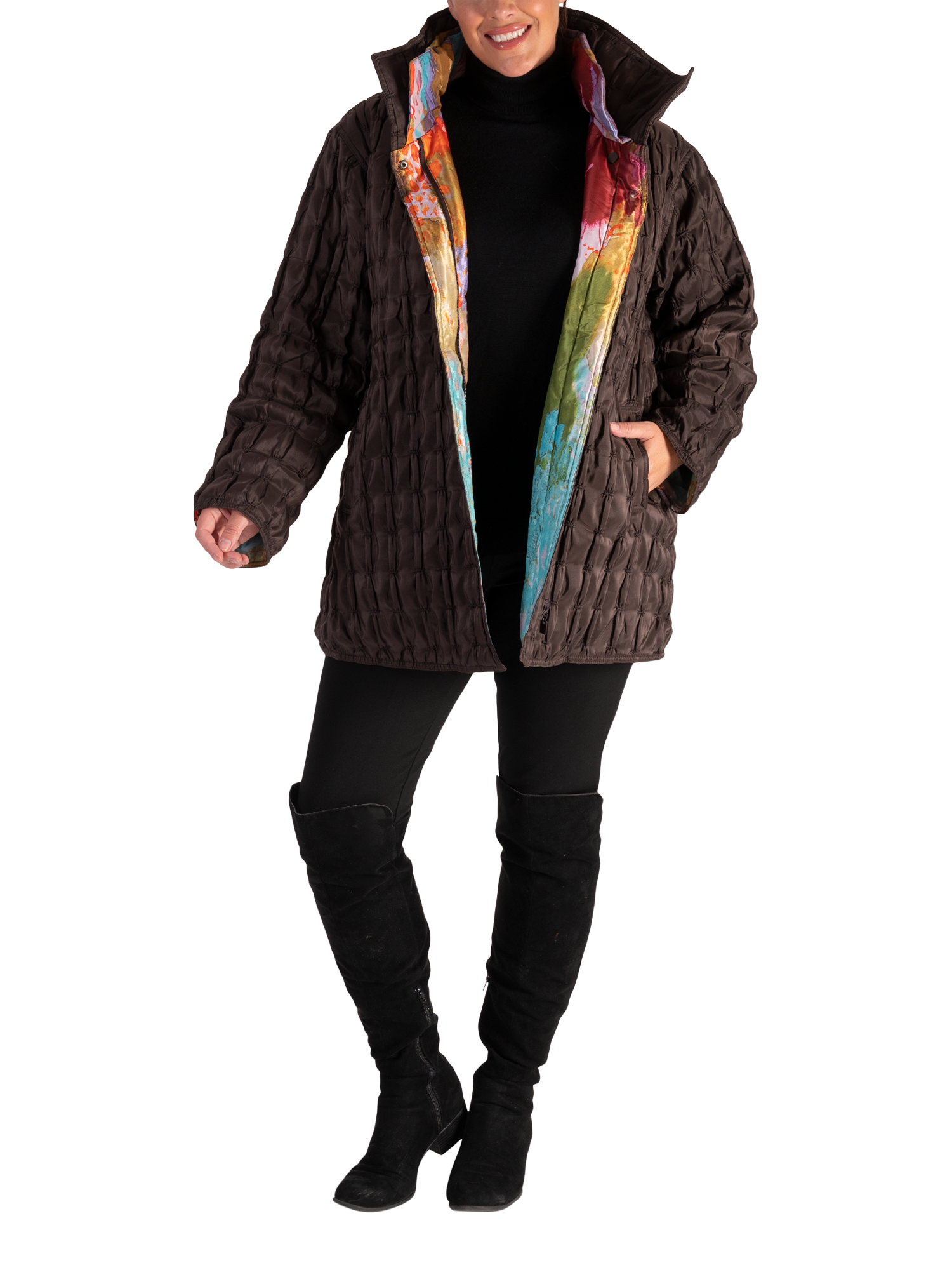Product image 4 of 6, which shows chesca Long Sleeve Funnel Neck Quilted Reversible Jacket, Chocolate/Multi, 14