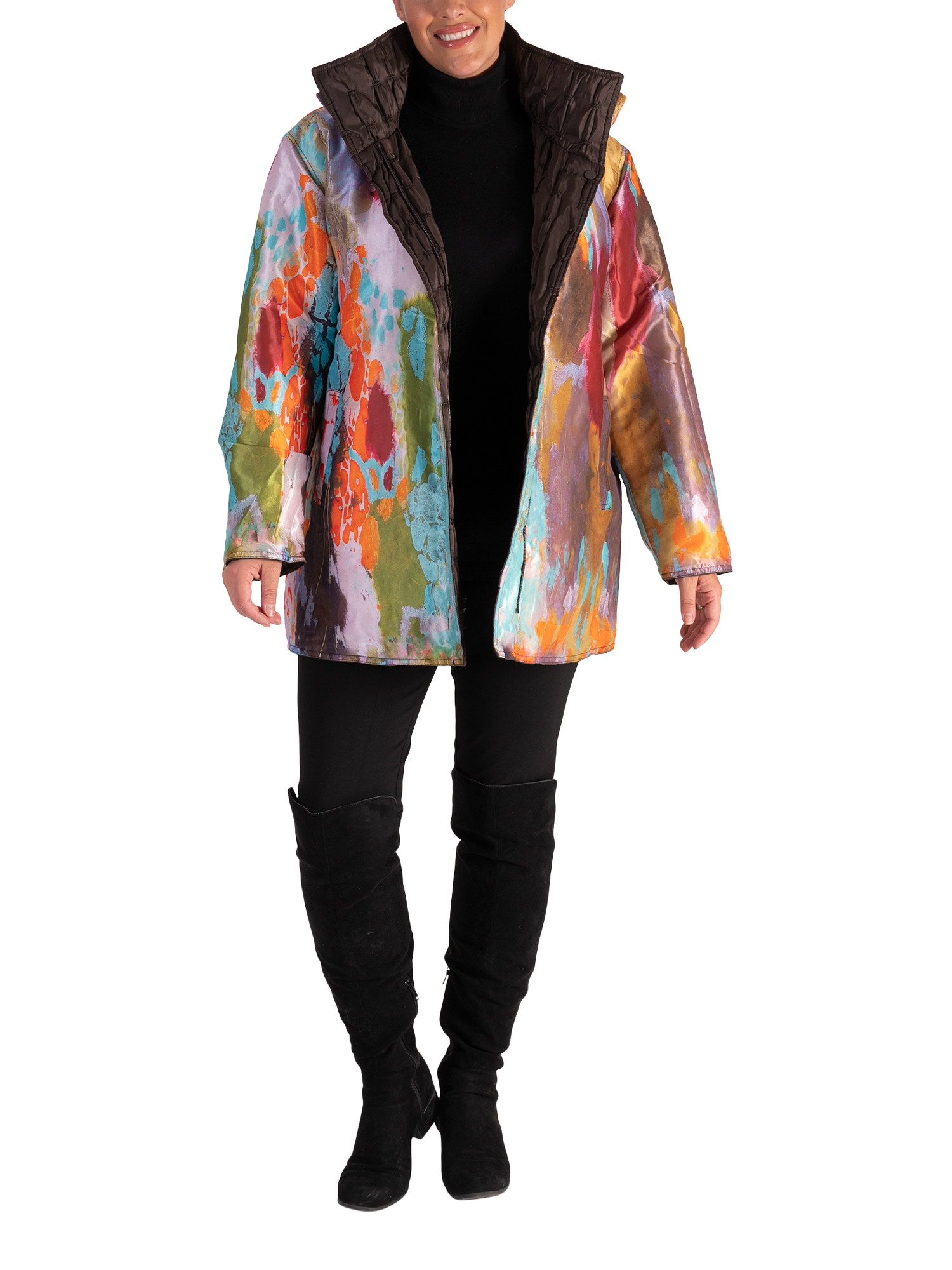 Product image 5 of 6, which shows chesca Long Sleeve Funnel Neck Quilted Reversible Jacket, Chocolate/Multi, 14