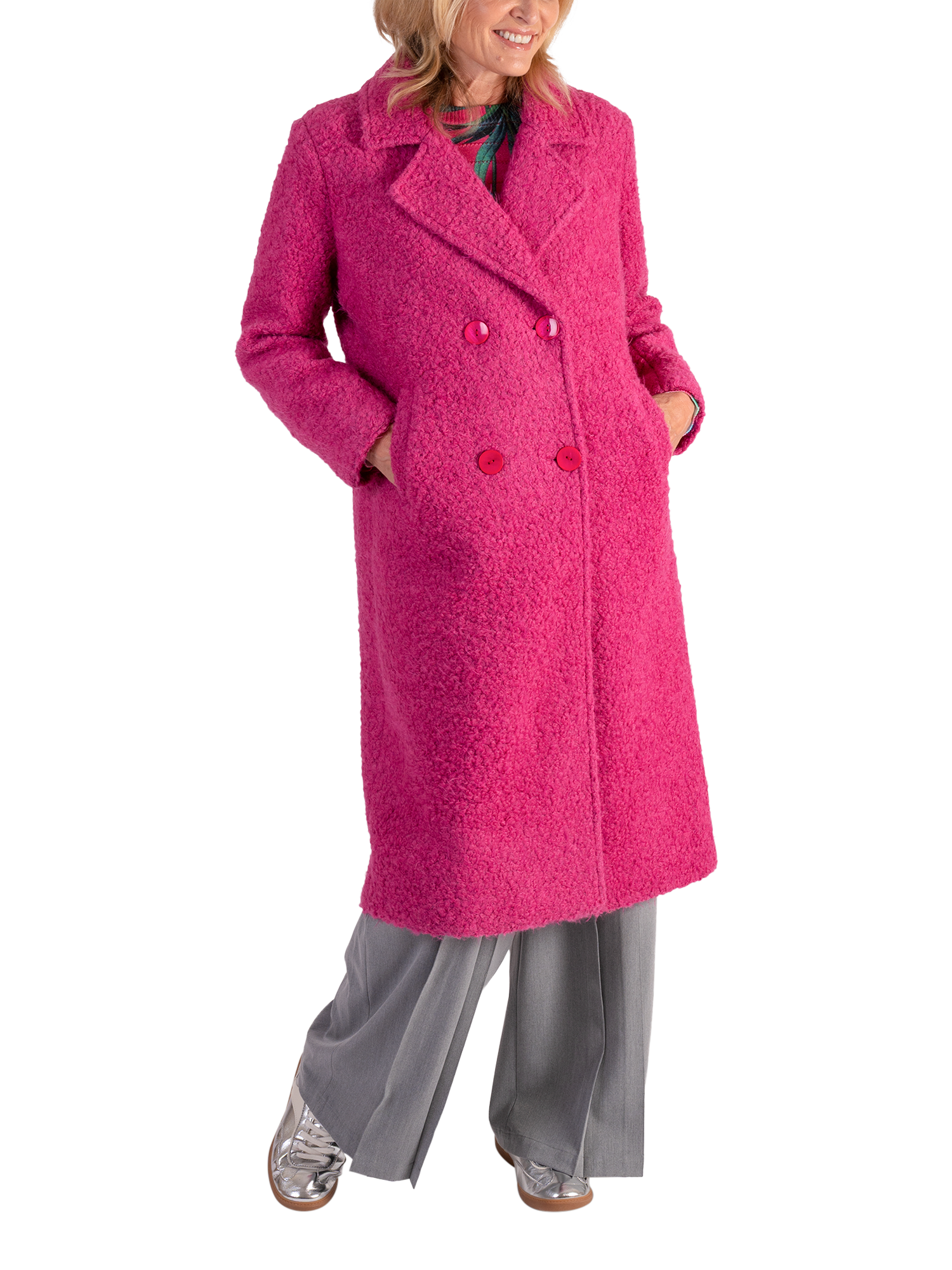 Product image 1 of 7, which shows chesca Wool Blend Long Sleeve V Neck Longline Overcoat, Raspberry, 14-16
