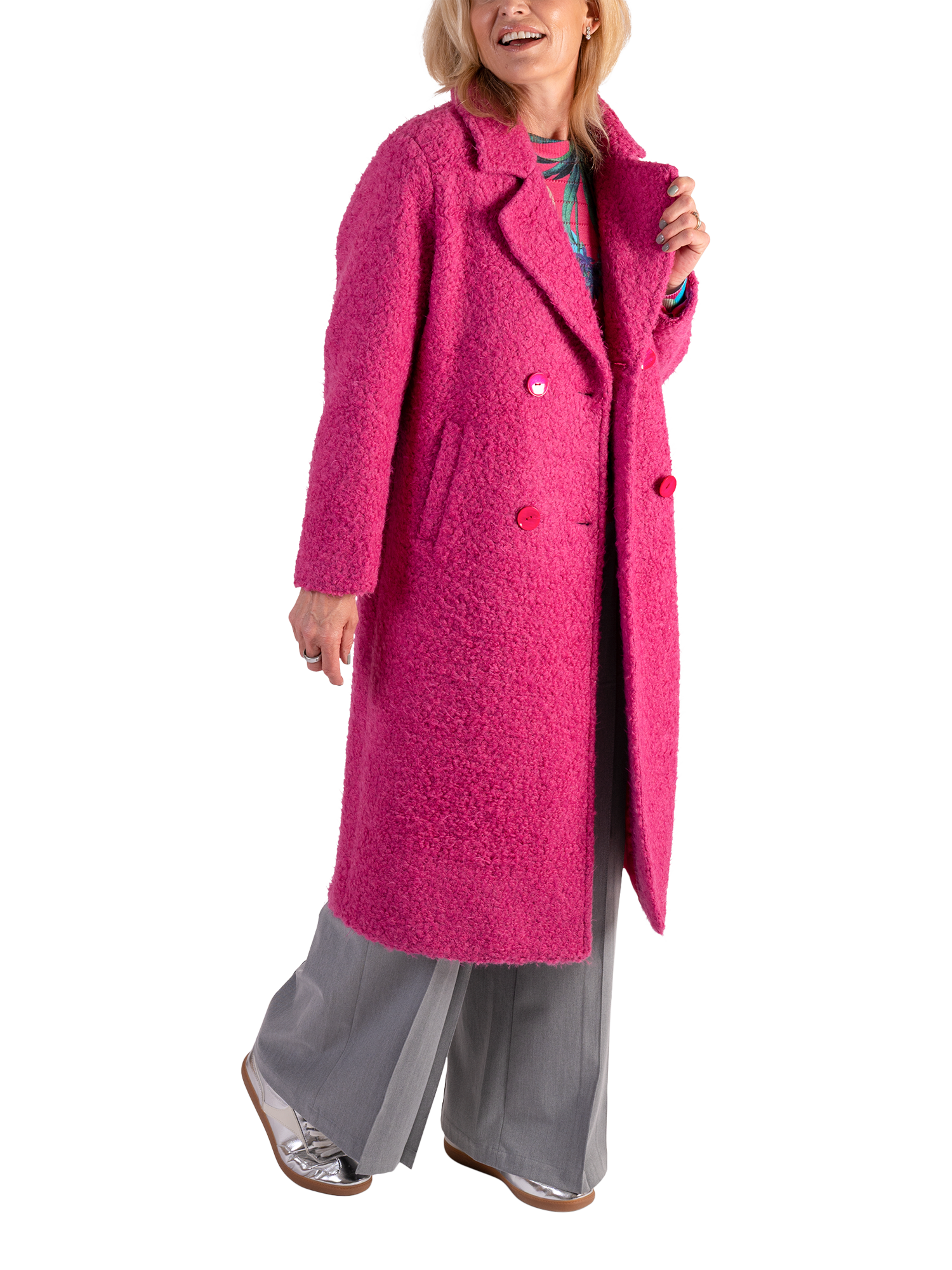 Product image 3 of 7, which shows chesca Wool Blend Long Sleeve V Neck Longline Overcoat, Raspberry, 14-16