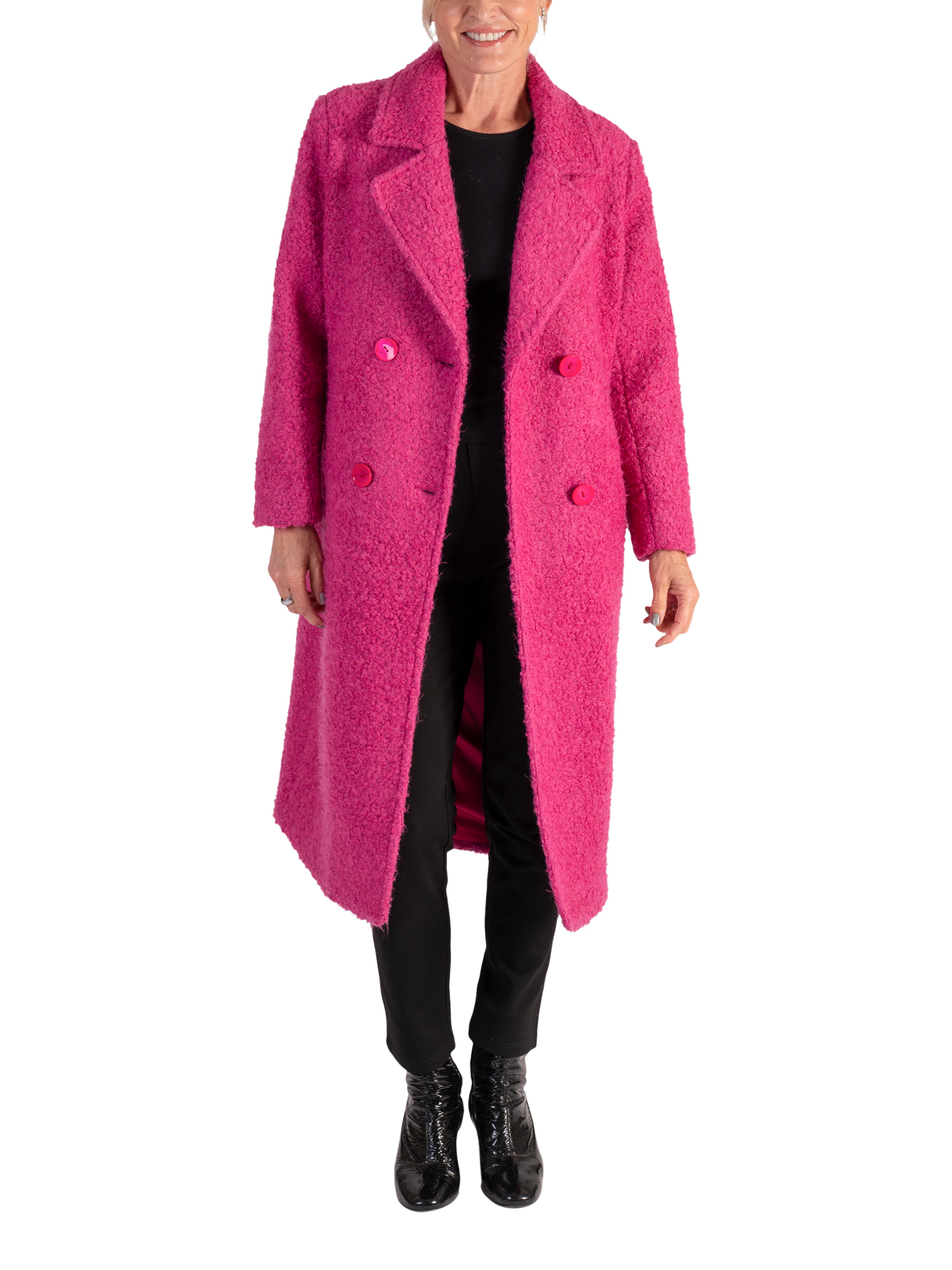 Product image 4 of 7, which shows chesca Wool Blend Long Sleeve V Neck Longline Overcoat, Raspberry, 14-16