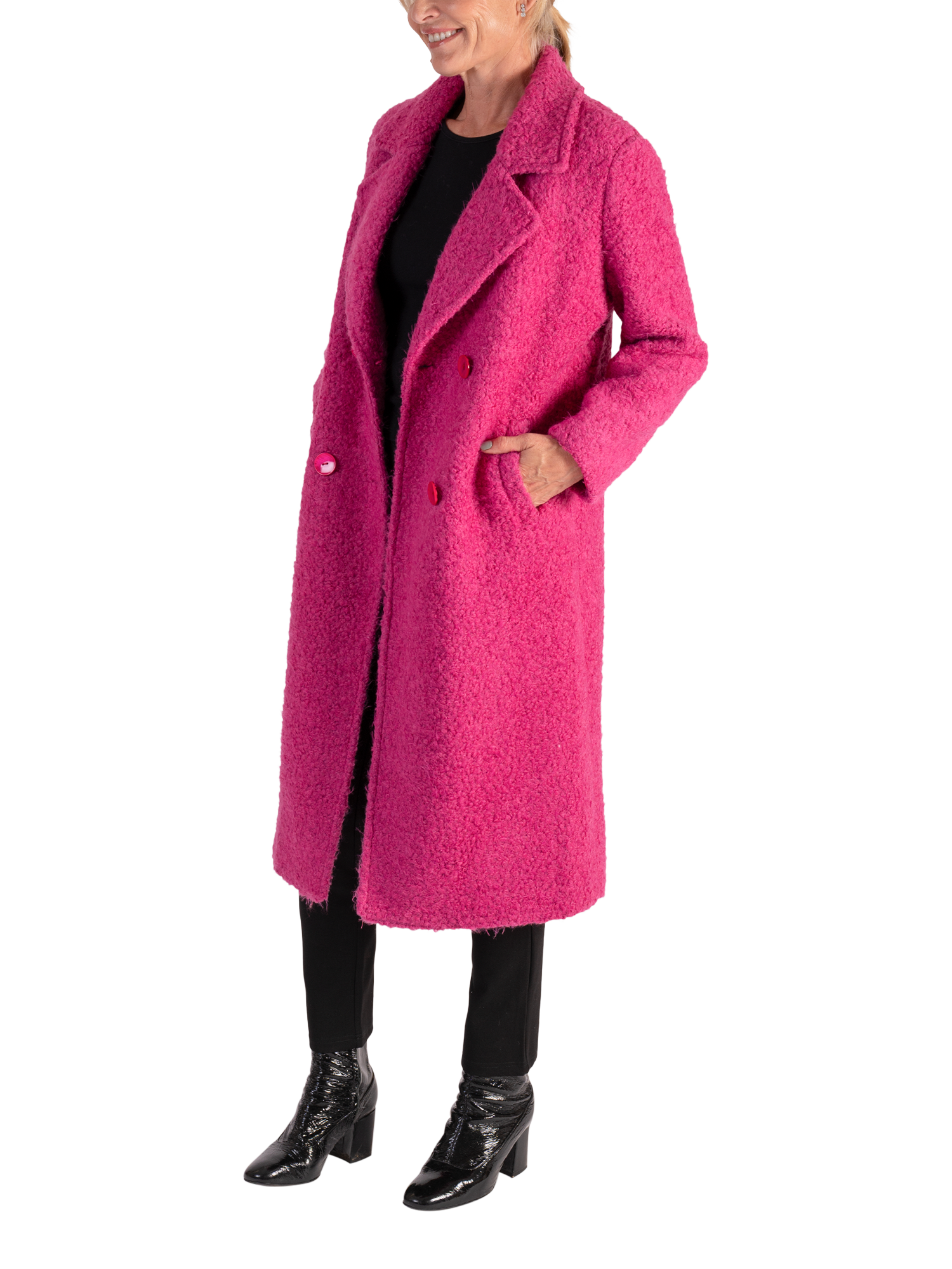 Product image 5 of 7, which shows chesca Wool Blend Long Sleeve V Neck Longline Overcoat, Raspberry, 14-16