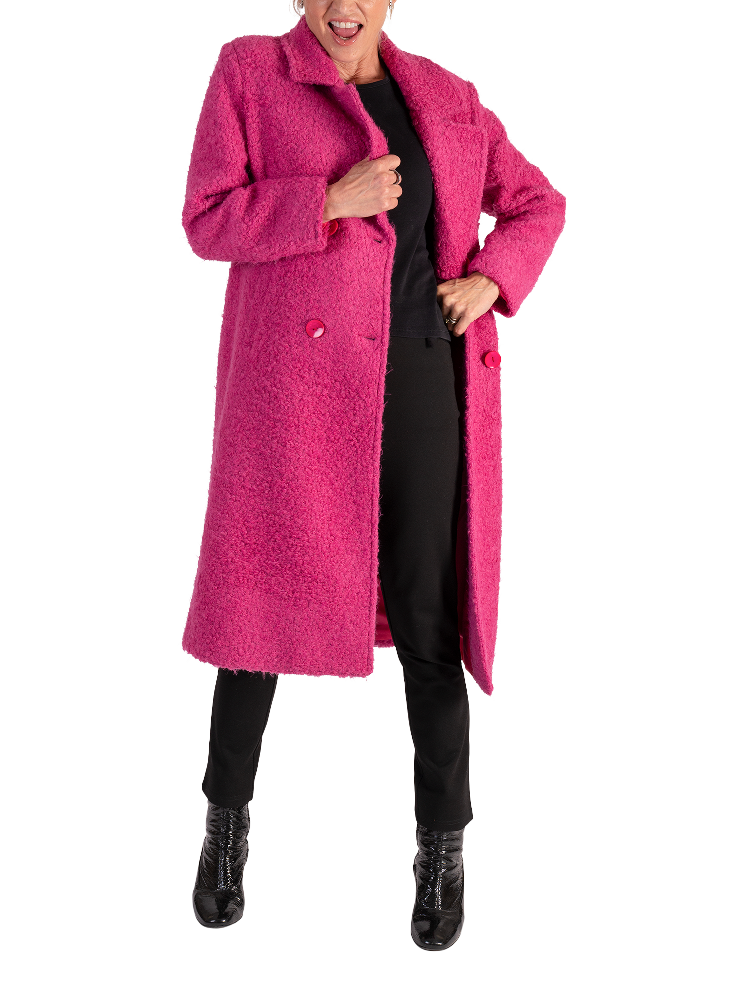Product image 6 of 7, which shows chesca Wool Blend Long Sleeve V Neck Longline Overcoat, Raspberry, 14-16