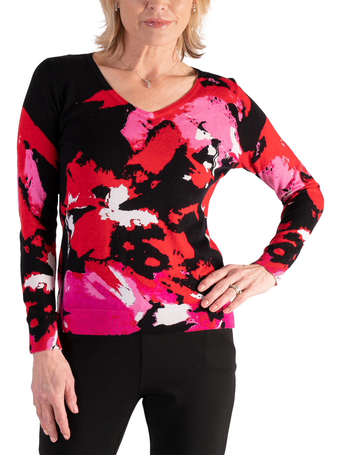 Product image 1 of 6, which shows chesca Cotton Blend Long Sleeve Scoop Neck Jumper, Black/Pink, 10-12