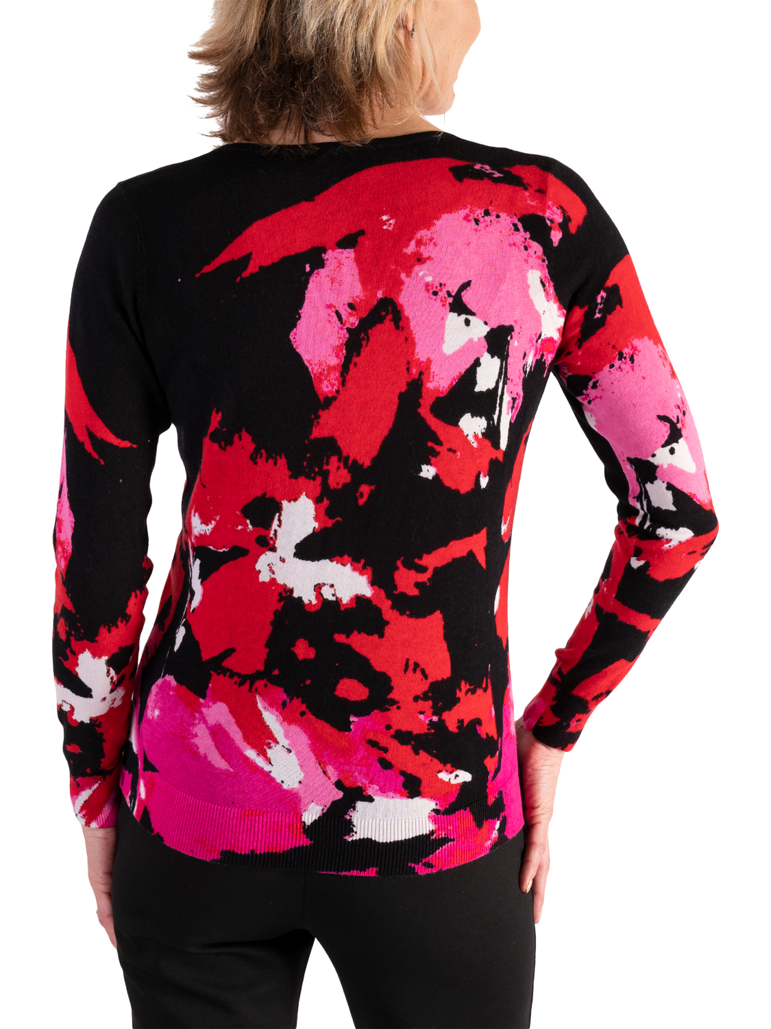 Product image 2 of 6, which shows chesca Cotton Blend Long Sleeve Scoop Neck Jumper, Black/Pink, 10-12