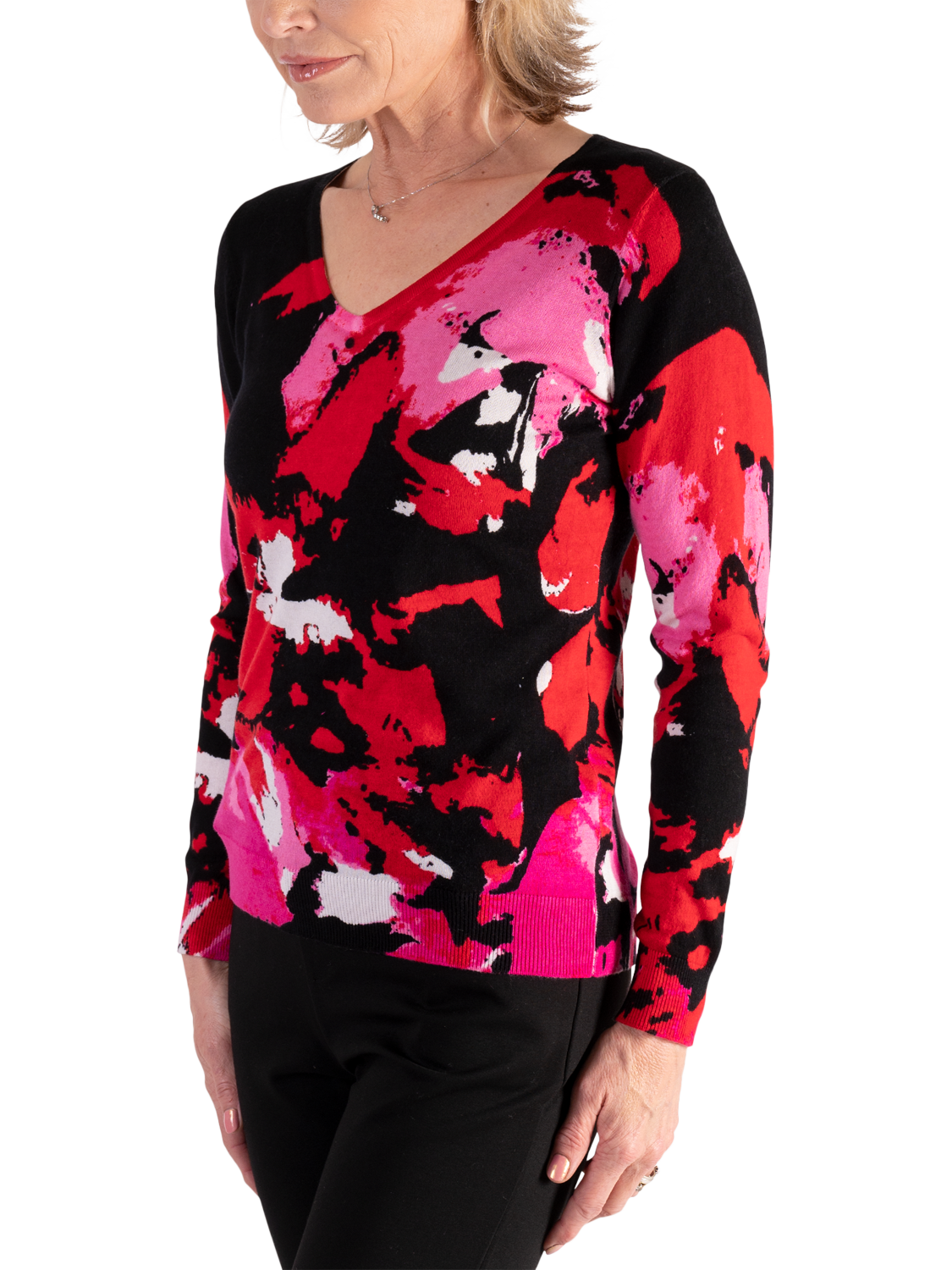 Product image 4 of 6, which shows chesca Cotton Blend Long Sleeve Scoop Neck Jumper, Black/Pink, 10-12