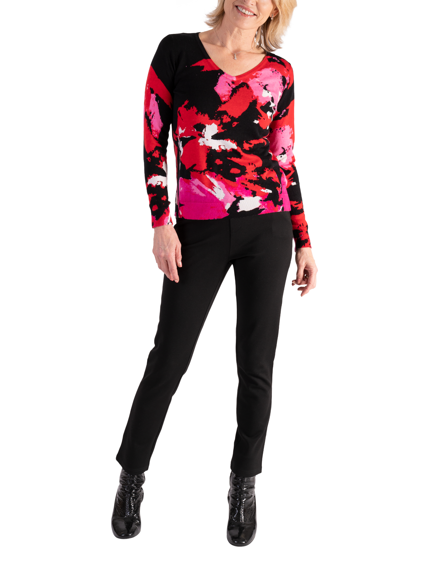 Product image 5 of 6, which shows chesca Cotton Blend Long Sleeve Scoop Neck Jumper, Black/Pink, 10-12
