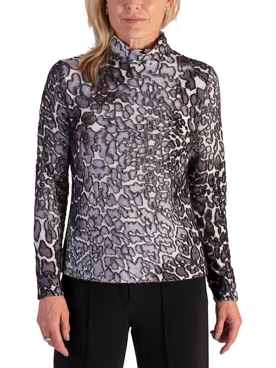 Product image 1 of 5, which shows chesca Animal Print Long Sleeve High Neck Jersey Top, White/Grey, 14-16