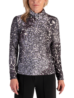 chesca Animal Print Long Sleeve High Neck Jersey Top, White/Grey