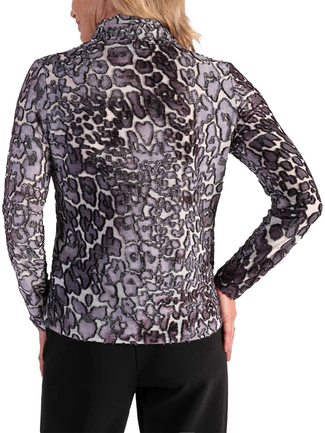 Product image 2 of 5, which shows chesca Animal Print Long Sleeve High Neck Jersey Top, White/Grey, 14-16