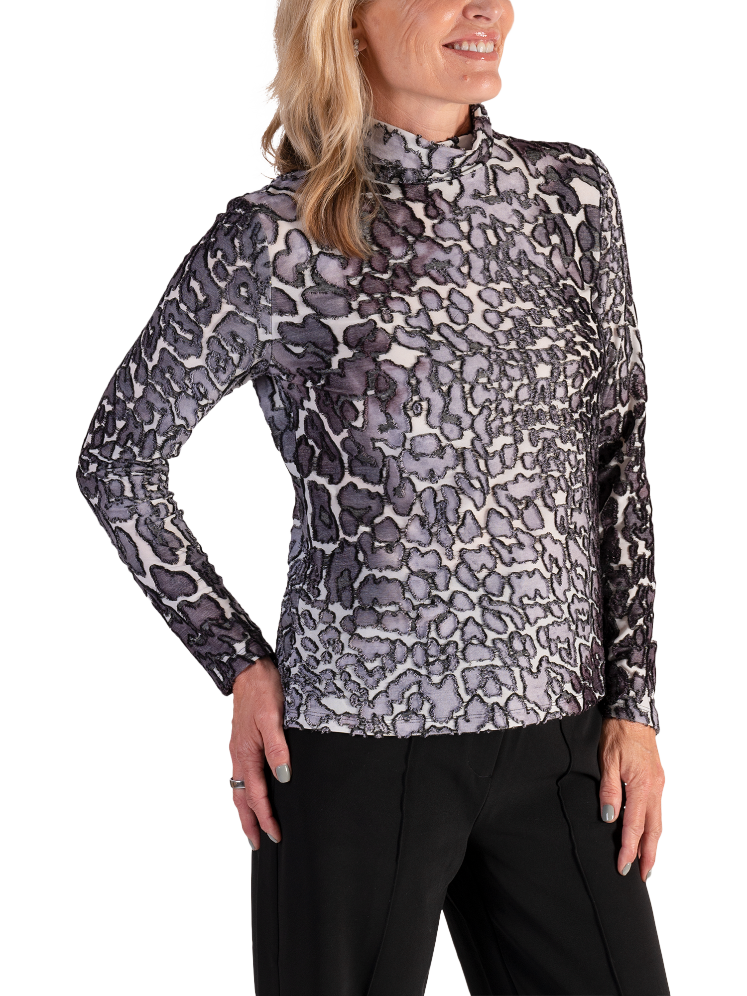 Product image 3 of 5, which shows chesca Animal Print Long Sleeve High Neck Jersey Top, White/Grey, 14-16