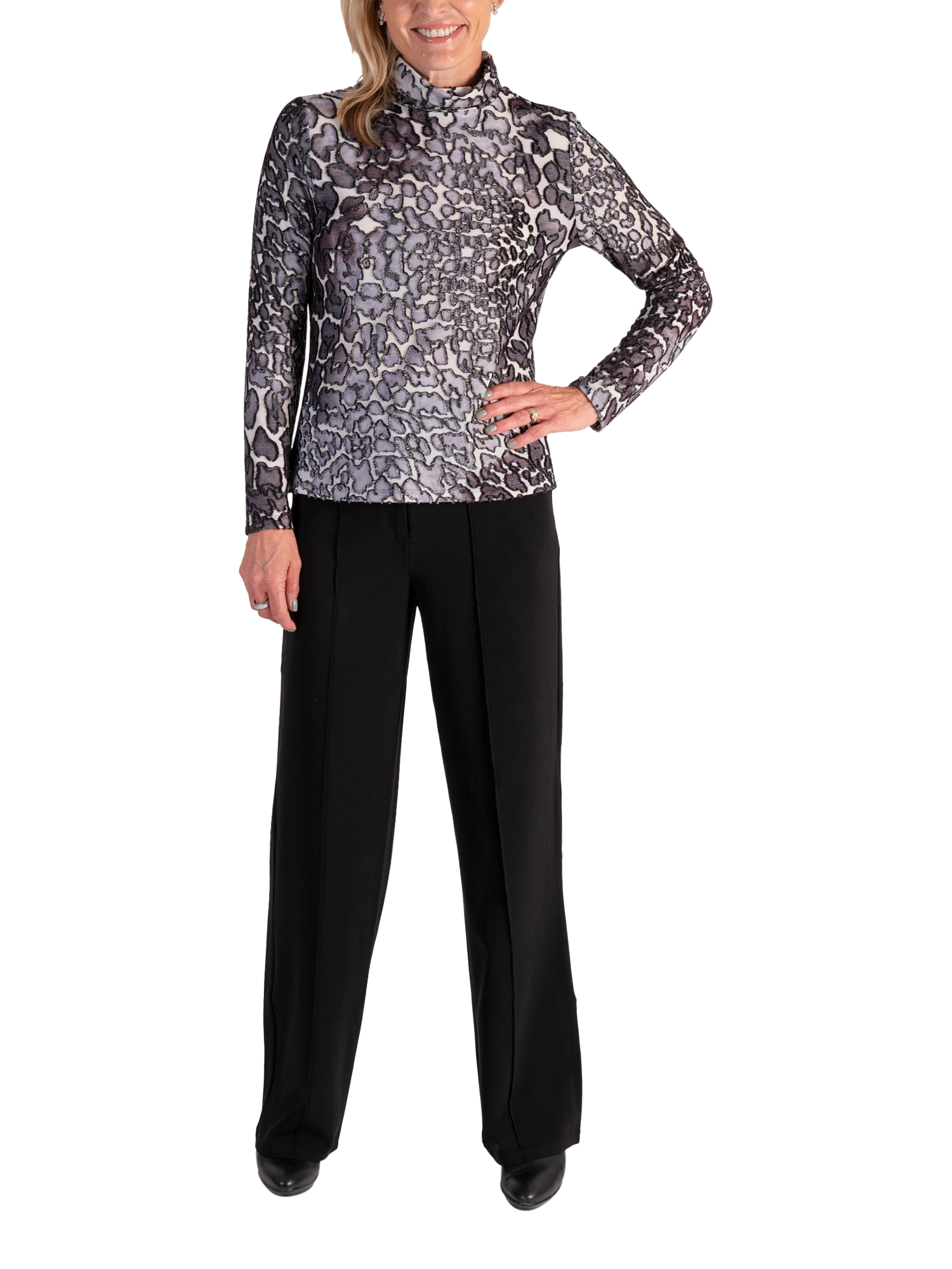 Product image 4 of 5, which shows chesca Animal Print Long Sleeve High Neck Jersey Top, White/Grey, 14-16