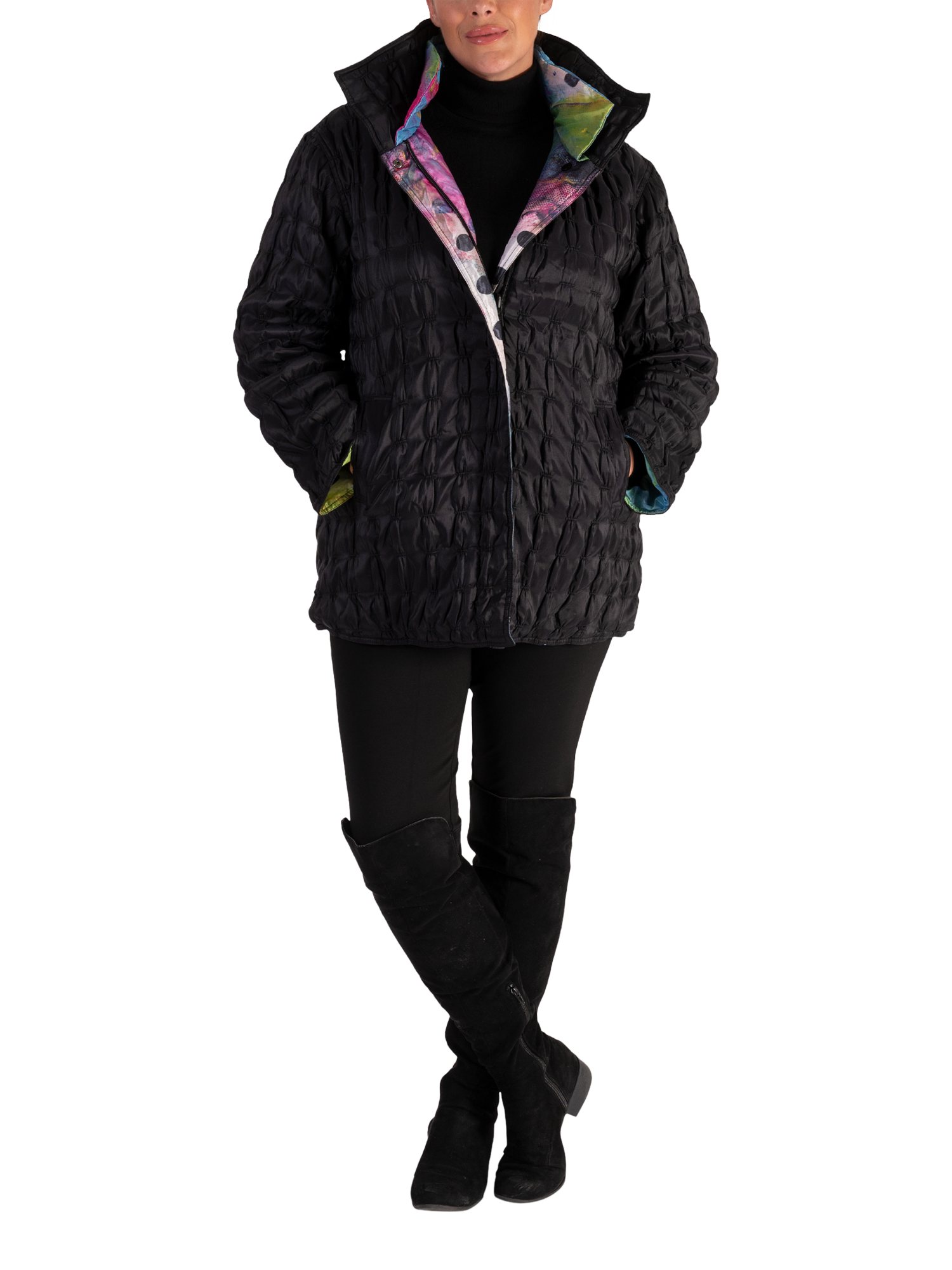 Product image 1 of 6, which shows chesca Long Sleeve Funnel Neck Quilted Reversible Jacket, Black/Multi, 14
