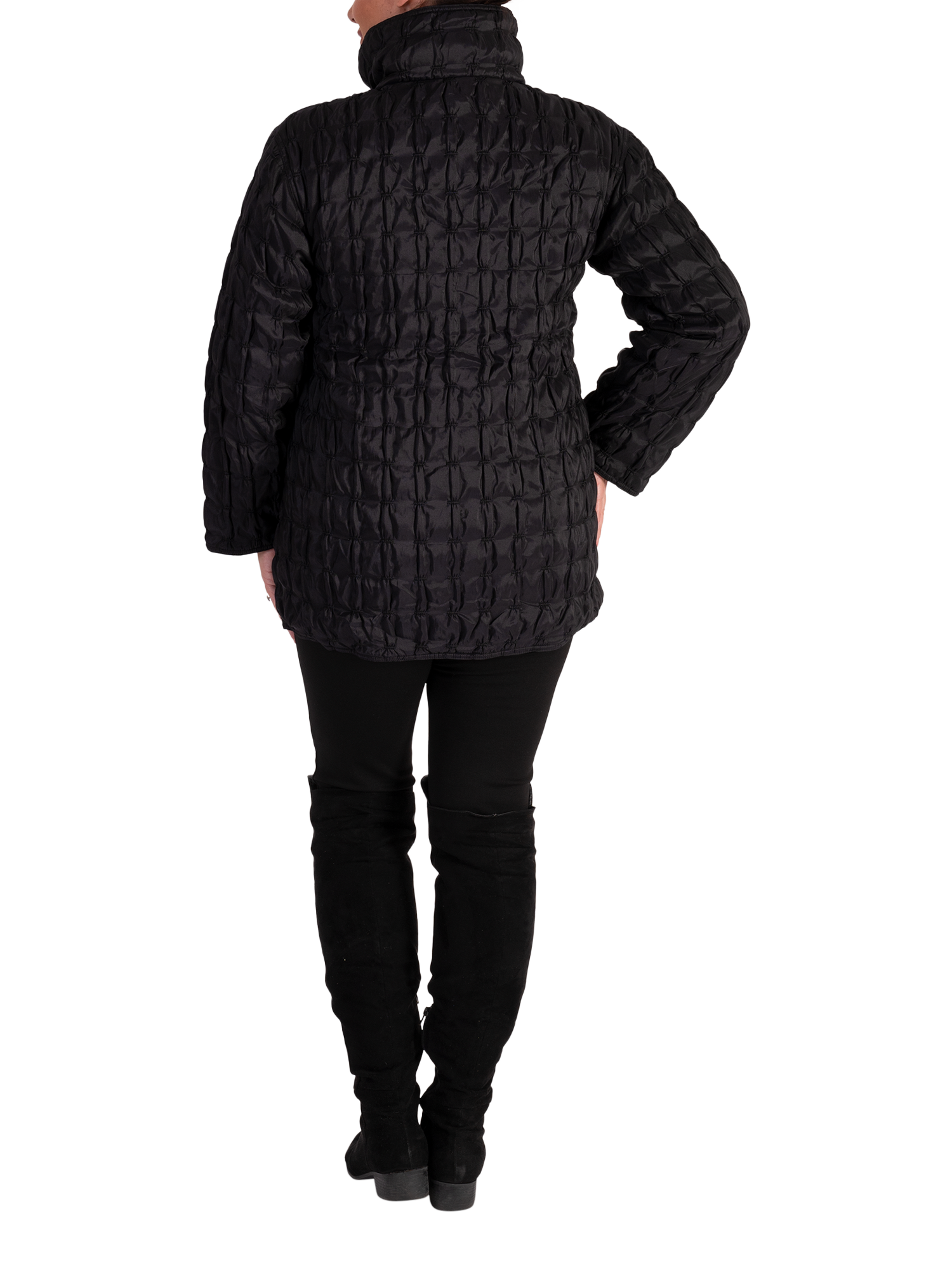 Product image 2 of 6, which shows chesca Long Sleeve Funnel Neck Quilted Reversible Jacket, Black/Multi, 14