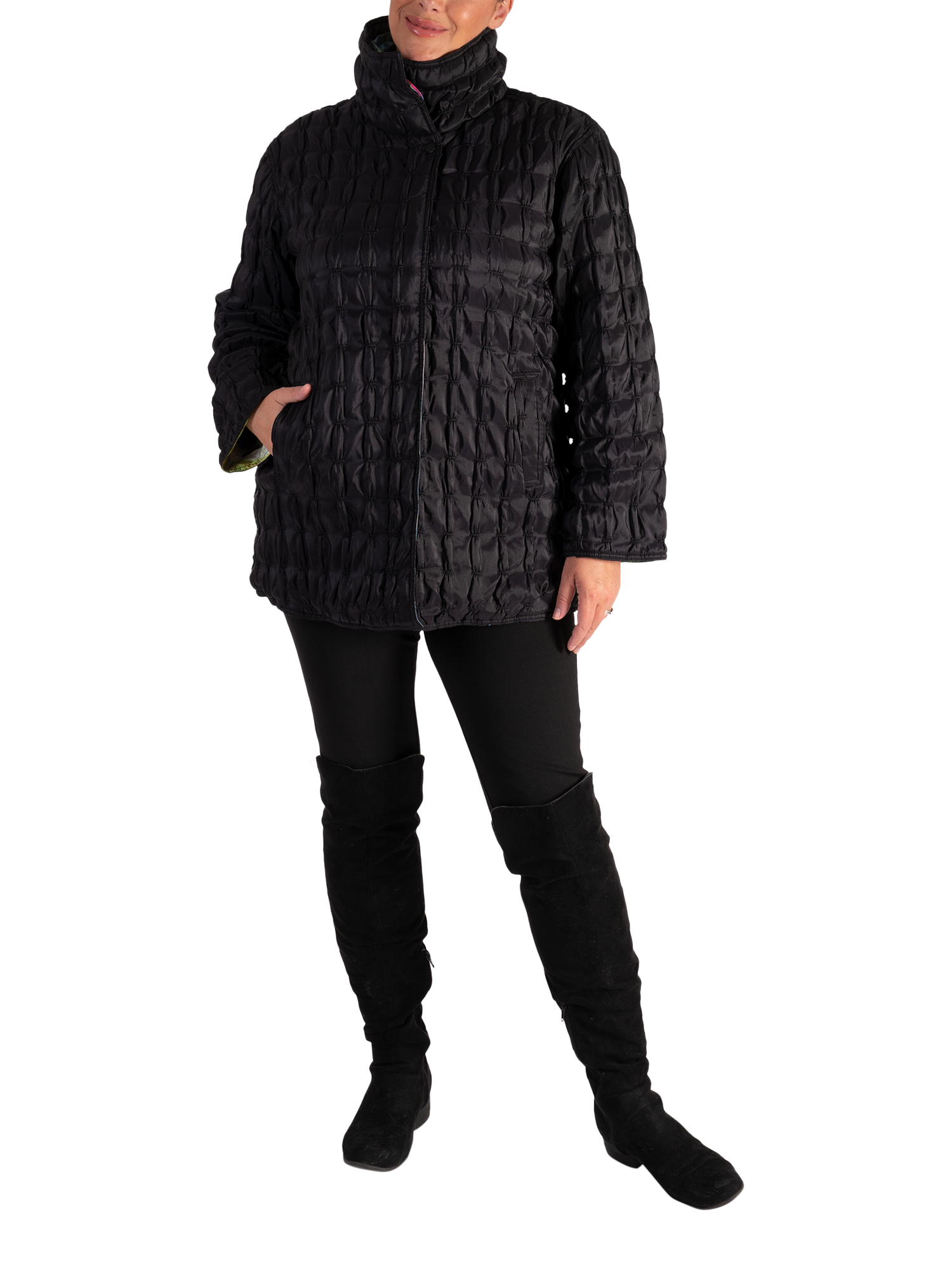 Product image 3 of 6, which shows chesca Long Sleeve Funnel Neck Quilted Reversible Jacket, Black/Multi, 14