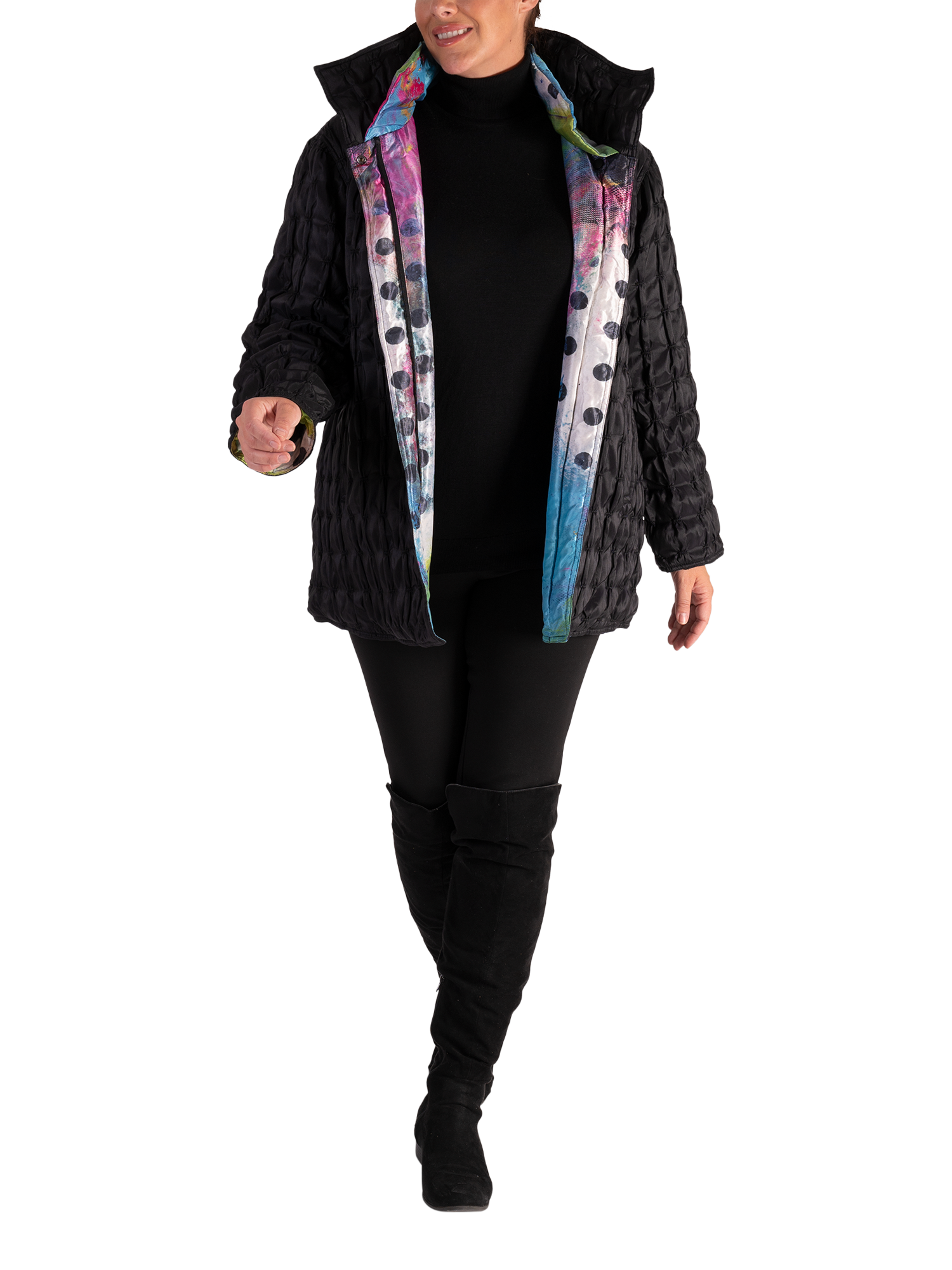 Product image 4 of 6, which shows chesca Long Sleeve Funnel Neck Quilted Reversible Jacket, Black/Multi, 14