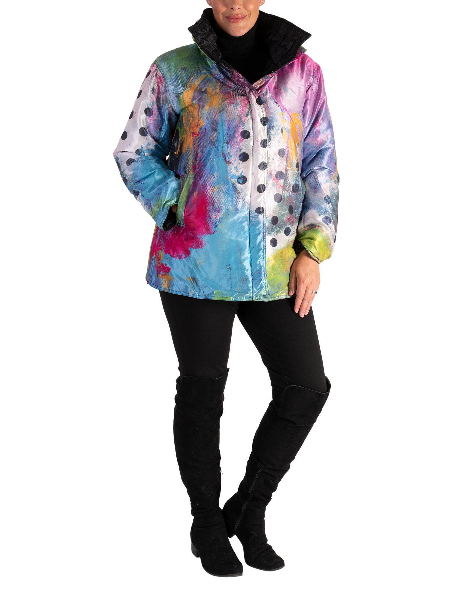 Product image 5 of 6, which shows chesca Long Sleeve Funnel Neck Quilted Reversible Jacket, Black/Multi, 14