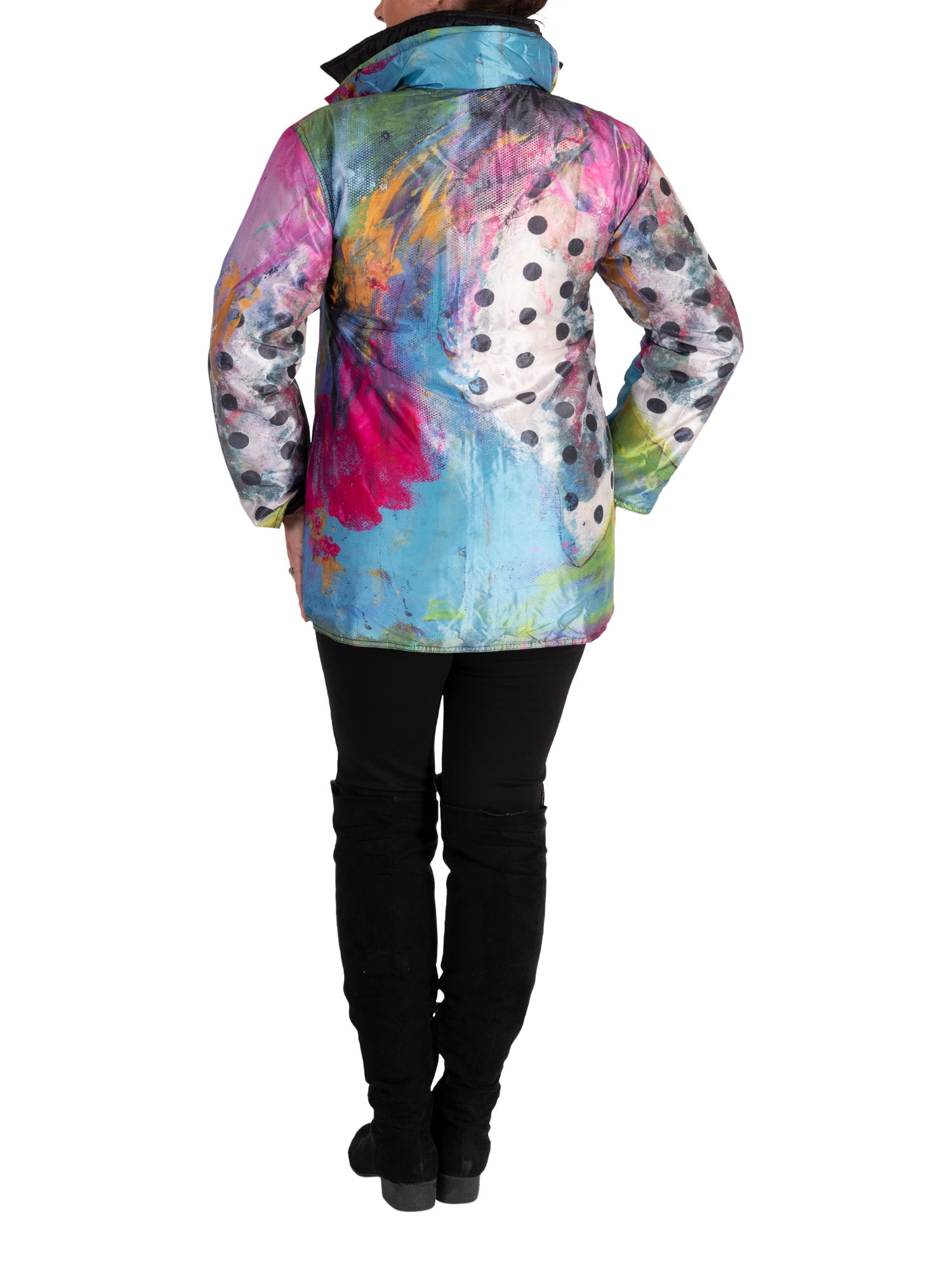 Product image 6 of 6, which shows chesca Long Sleeve Funnel Neck Quilted Reversible Jacket, Black/Multi, 14