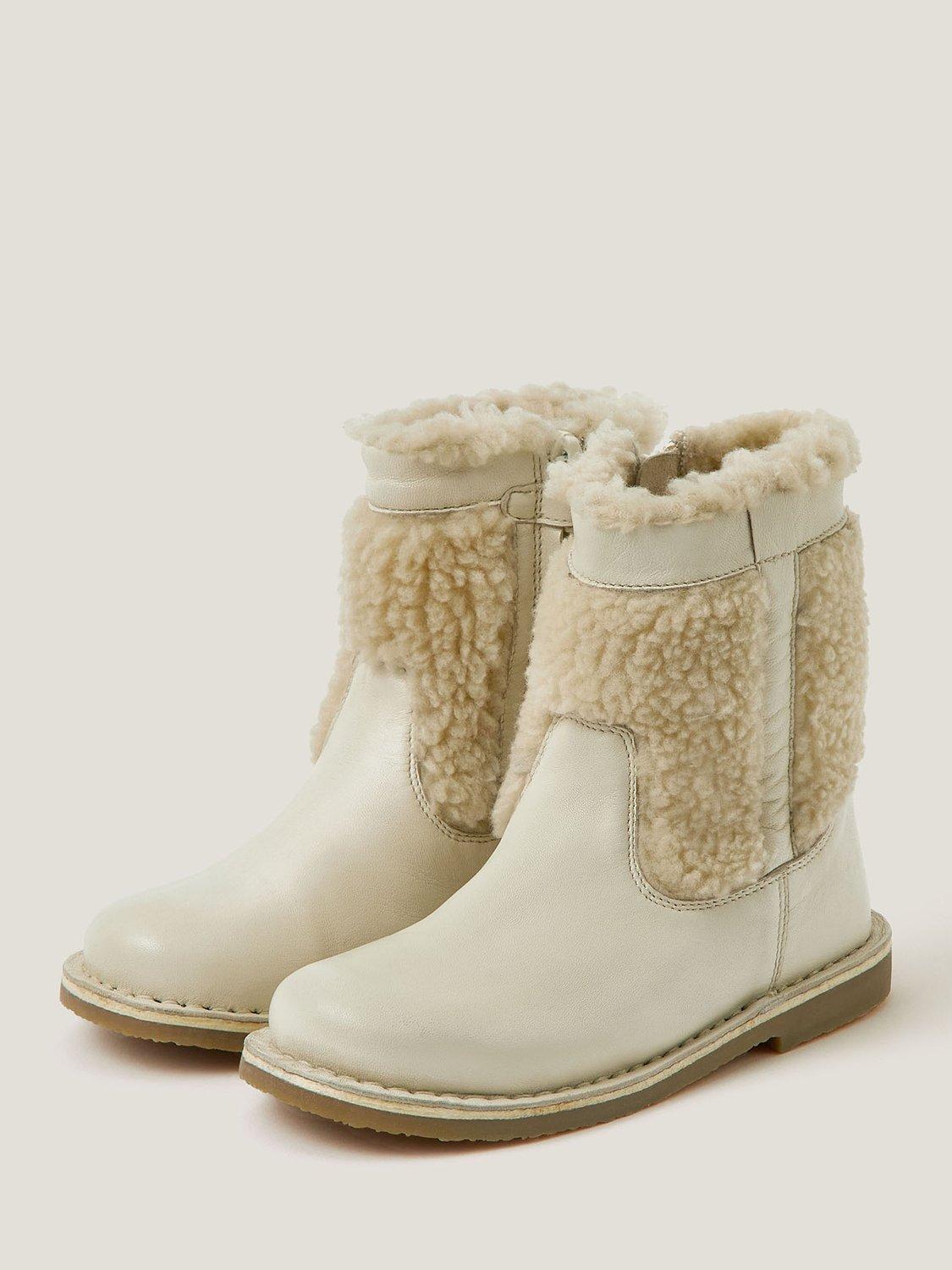 Product image 2 of 3, which shows Monsoon Kids' Leather and Borg Winter Boots, Cream, 7 Jnr