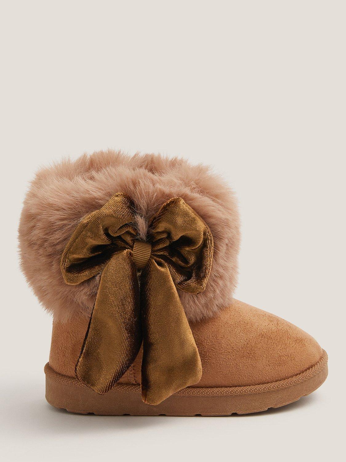 Product image 1 of 3, which shows Monsoon Kids' Faux Fur Bow Boots, Tan, 3 Jnr