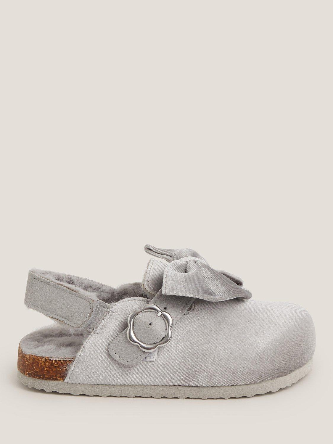 Product image 1 of 3, which shows Monsoon Kids' Bow Velour Clogs, Silver, 7 Jnr