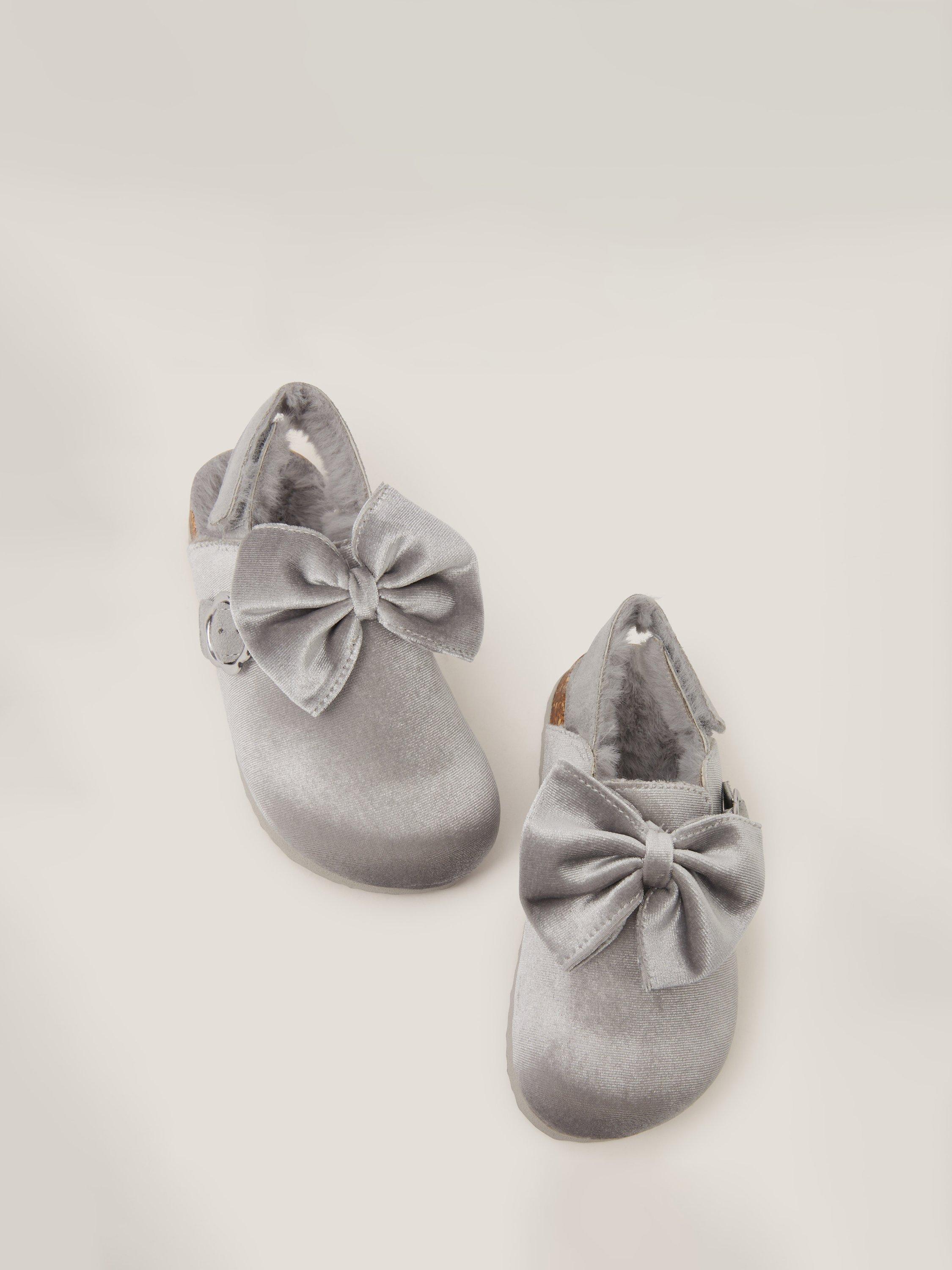 Product image 3 of 3, which shows Monsoon Kids' Bow Velour Clogs, Silver, 7 Jnr