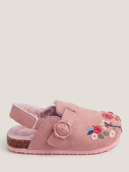 Monsoon Kids' Faux Fur Floral Embroidered Clogs, Pink, Pink