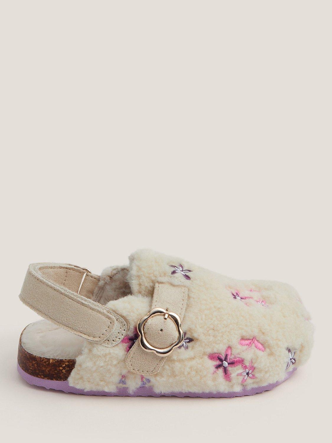 Product image 1 of 3, which shows Monsoon Kids' Floral Borg Clogs, Ivory, 7 Jnr