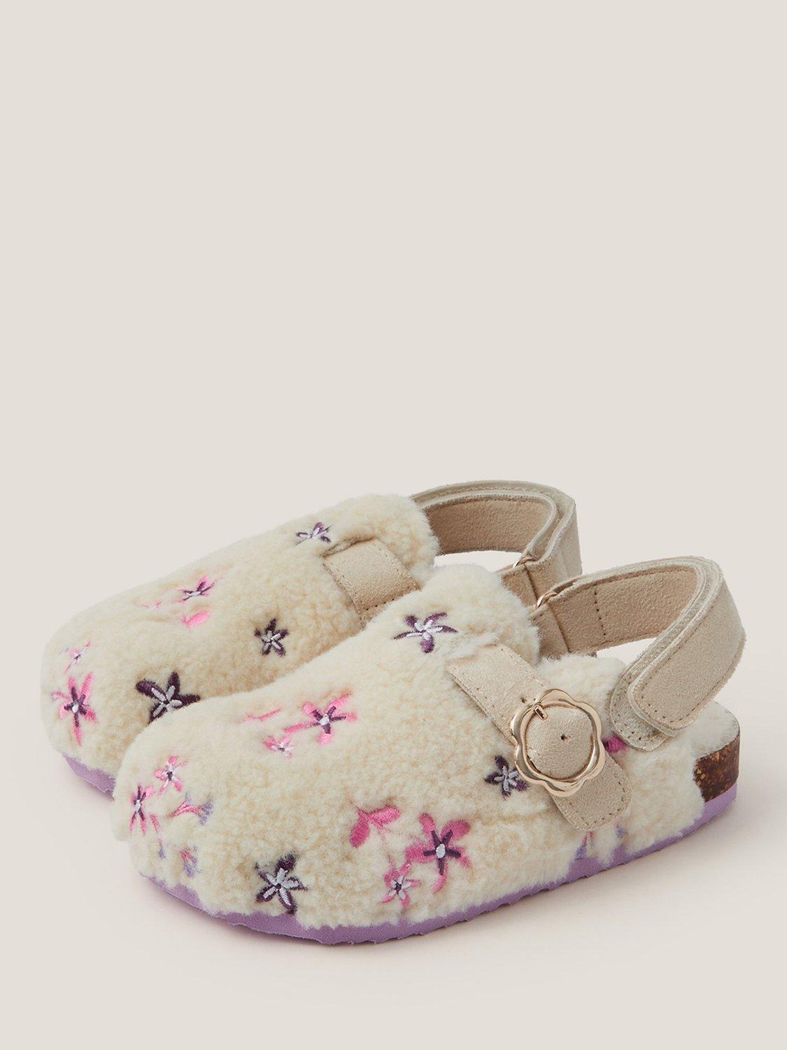 Product image 2 of 3, which shows Monsoon Kids' Floral Borg Clogs, Ivory, 7 Jnr