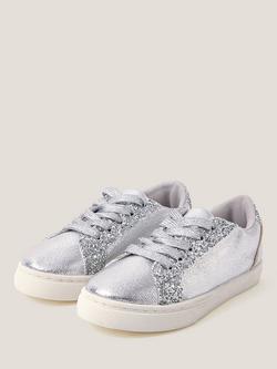 Monsoon Kids' Glitter Lace Up Trainers, Silver - view 2, Silver